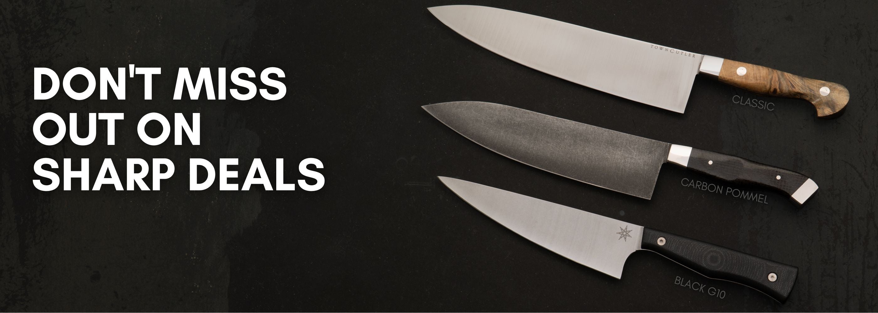 Three chef's knives on a black background with promotional text.
