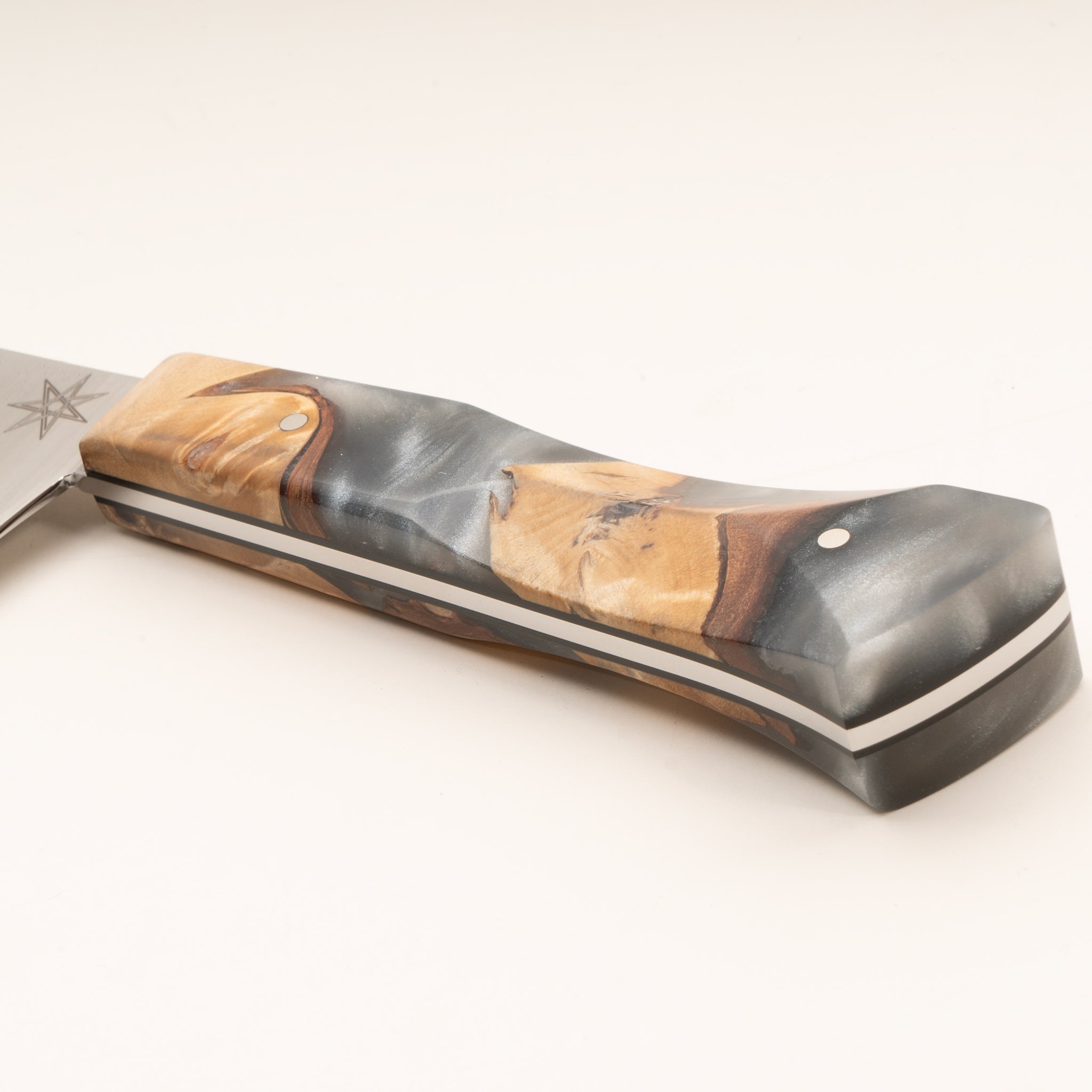 Detail photo of Town Cutler 8.5" chef knife with silvery resin and wood handle