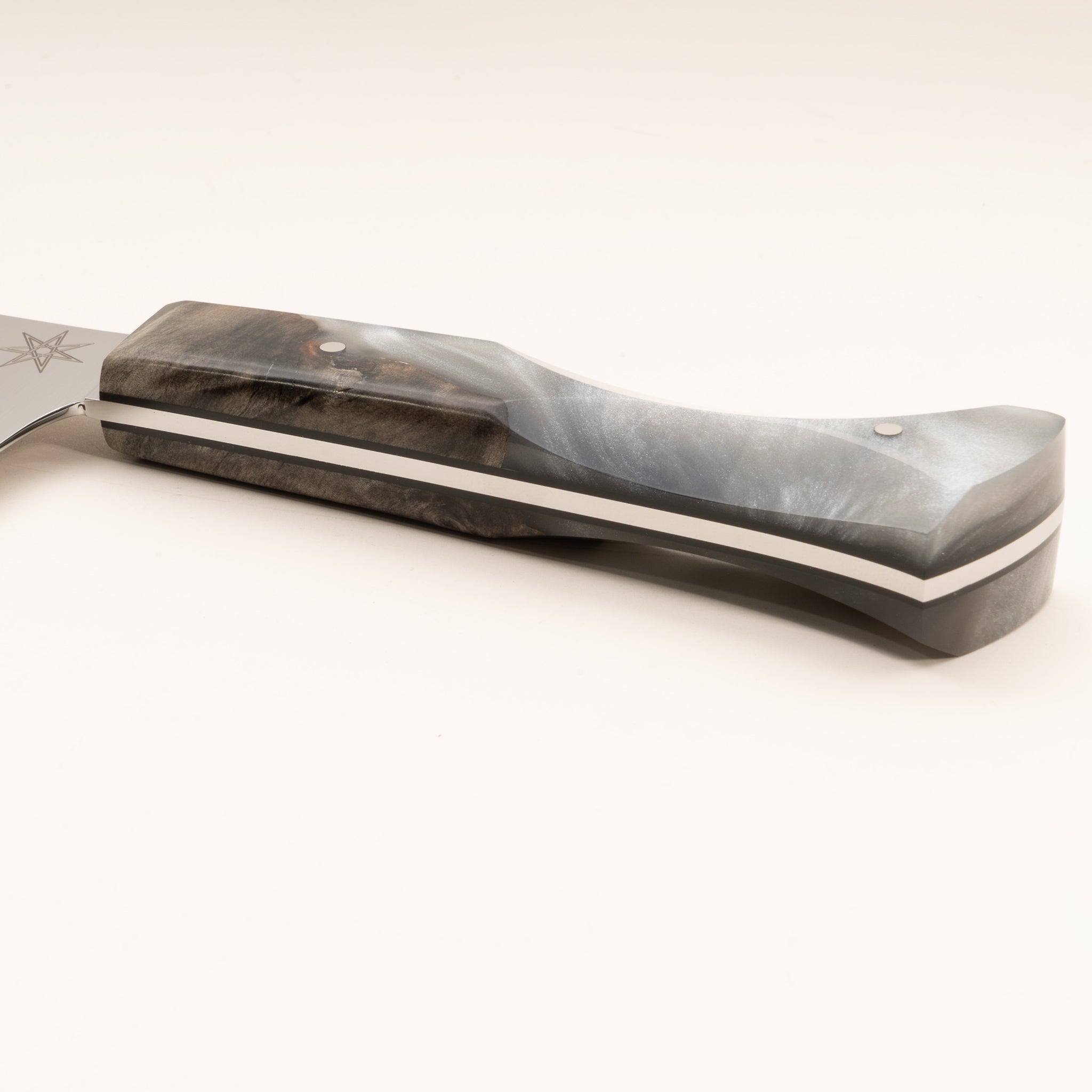 Detail photo of Town Cutler nakiri knife with silvery resin and wood handle