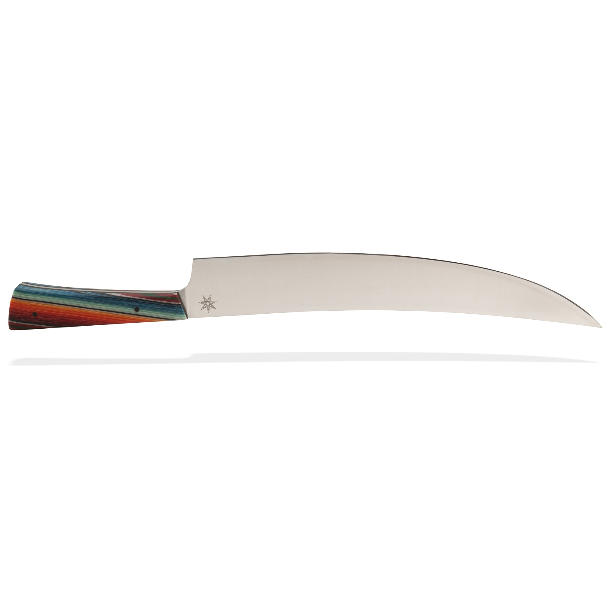 11" stainless steel serrated Scimitar knife by Town Cutler featuring the Baja “Mexican Blanket Especial” handle. Handmade professional knives for chefs and foodies. American made professional culinary knives.