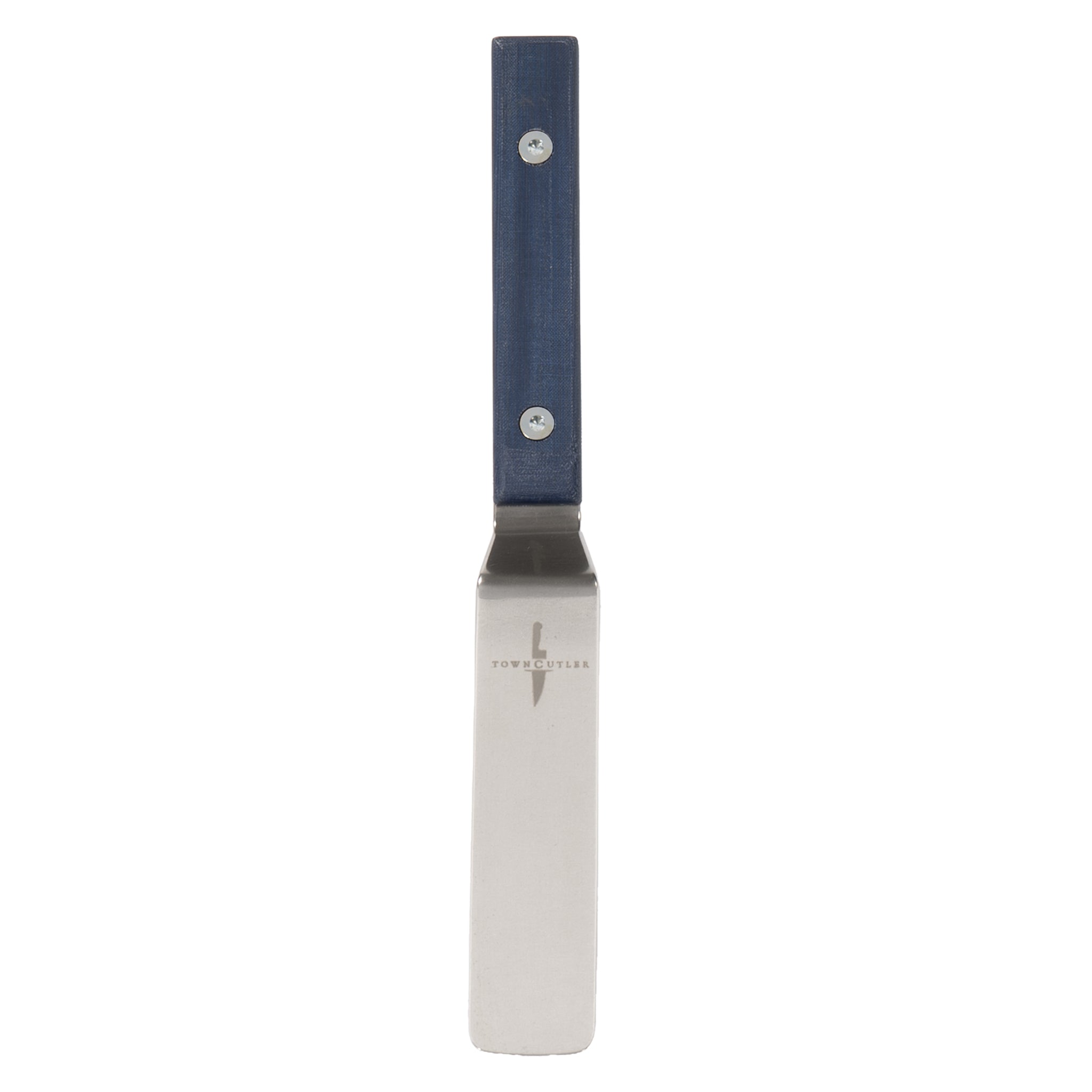 Blue offset palette knife spatula for plating, shaping, spreading, cutting, and serving. Endless uses for this versatile kitchen tool.