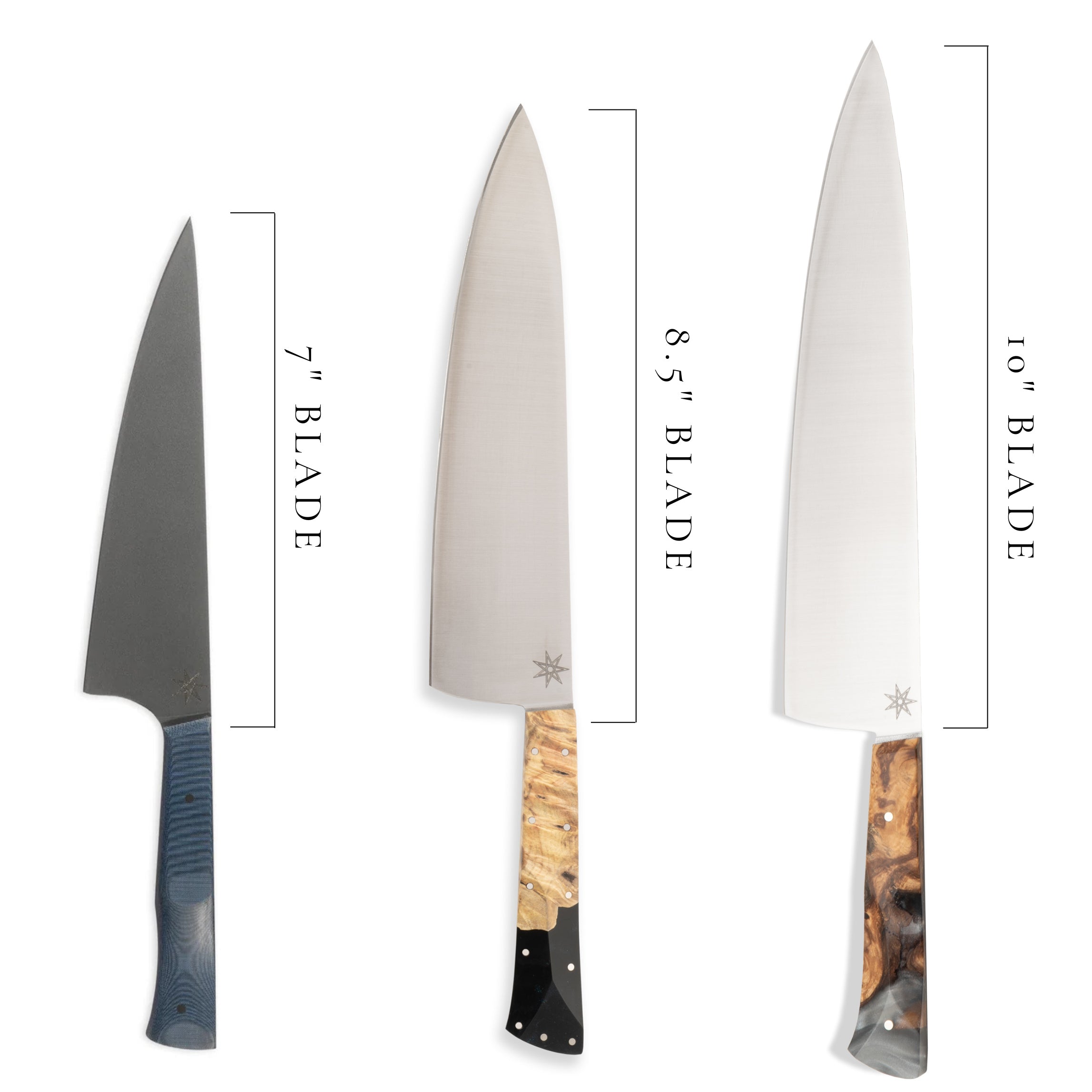 Chef Knife sizes. What size chef knife do I need. Three chef knives comparing blade lengths.