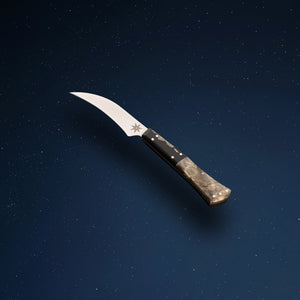 3" Bird's Beak knife by Town Cutler featuring the Desert Dawn handle made with live-edge Buckeye Burl and Nitro-V stainless steel blade.