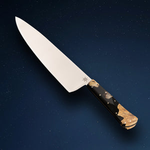 10" Chef Knife by Town Cutler featuring the Desert Dawn handle made with live-edge Buckeye Burl and Nitro-V stainless steel blade.