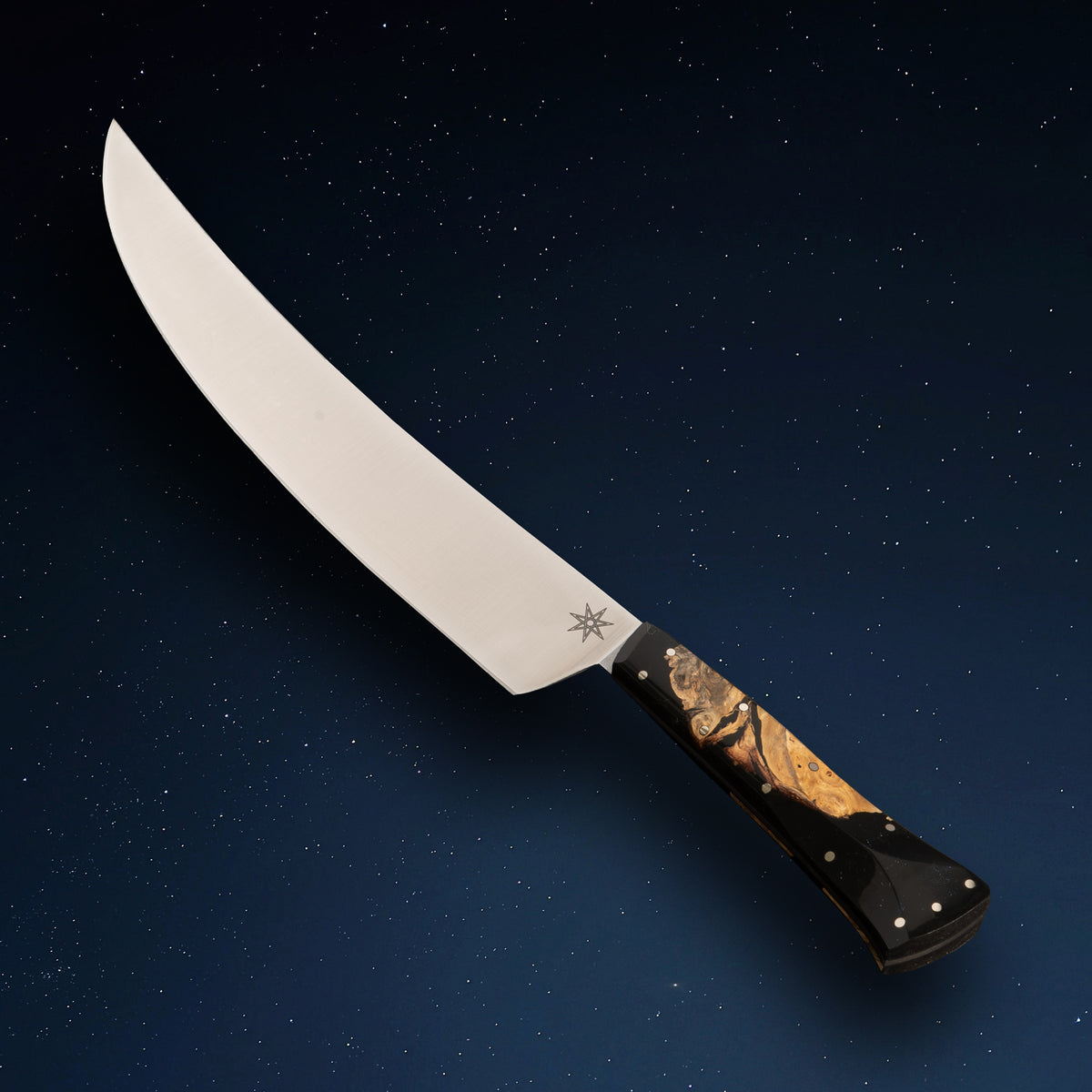 11" Scimitar  knife by Town Cutler featuring the Desert Dawn handle made with live-edge Buckeye Burl and Nitro-V stainless steel blade