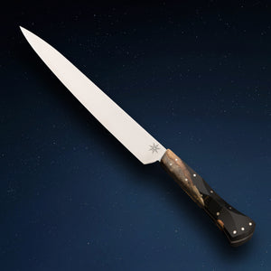 10" Slicer or carving knife by Town Cutler featuring the Desert Dawn handle made with live-edge Buckeye Burl and Nitro-V stainless steel blade