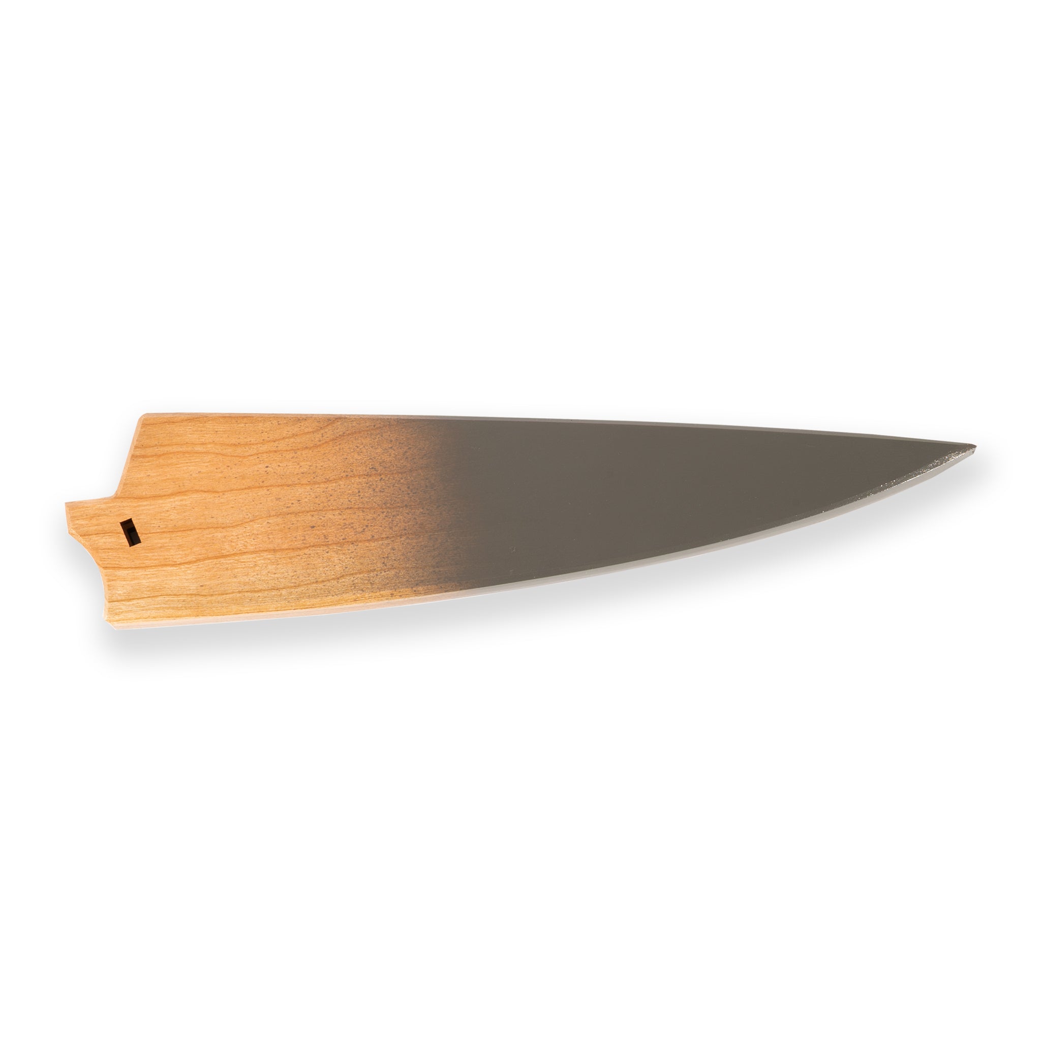 eXo Blue 8.5" chef saya knife cover cherrywood with grey detail.