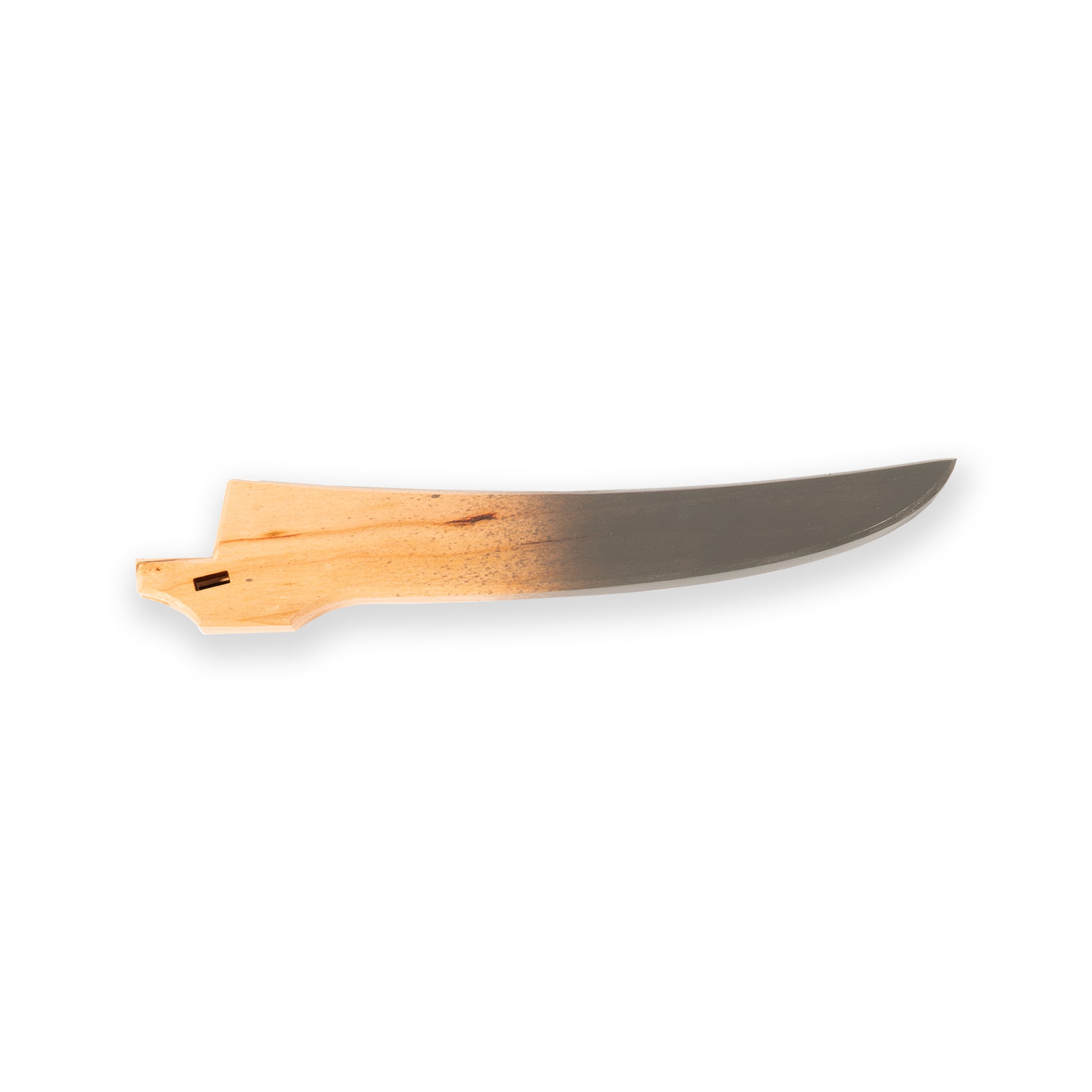 eXo Blue Curved Boning saya knife cover cherrywood with grey detail.