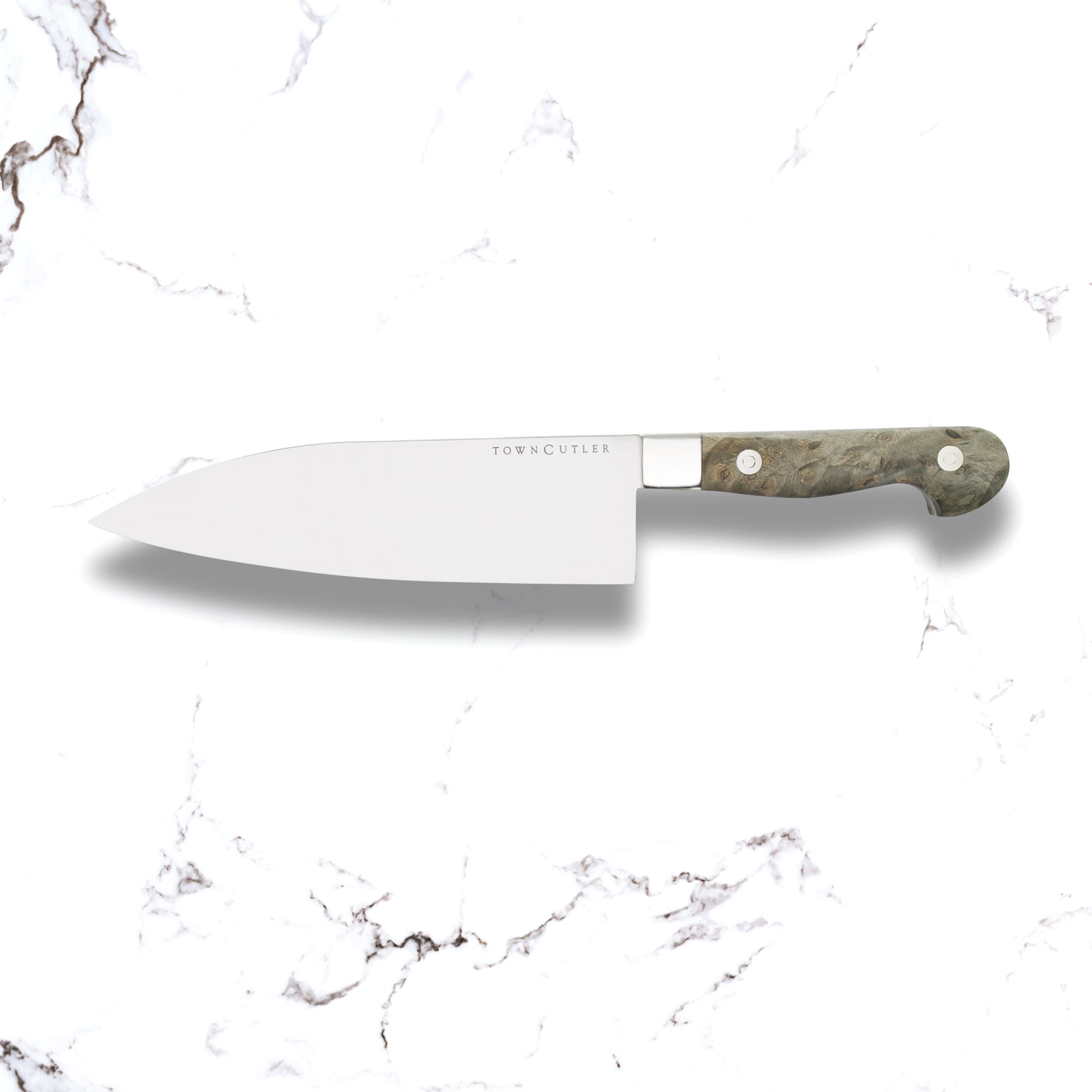 7" Chef Knife - Classic - Town Cutler. Stainless steel blade with Buckeye Burl handle, bolster, and full tang.