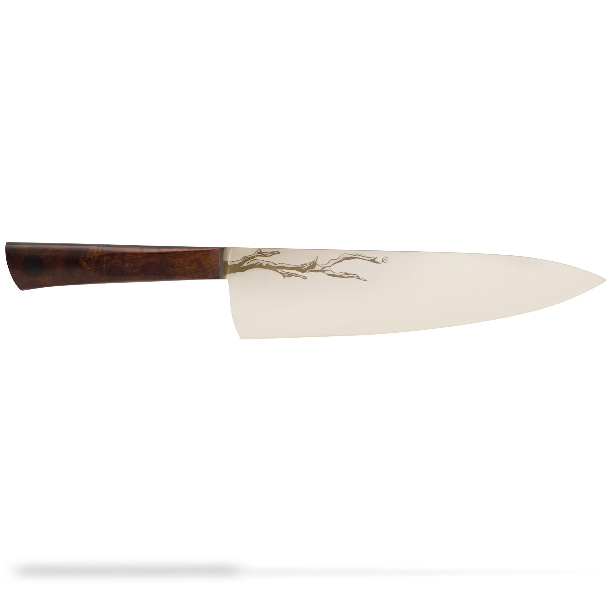 Town Cutler Olneya 8.5" Chef Knife with Desert Ironwood branch engraved on backside of knife blade.