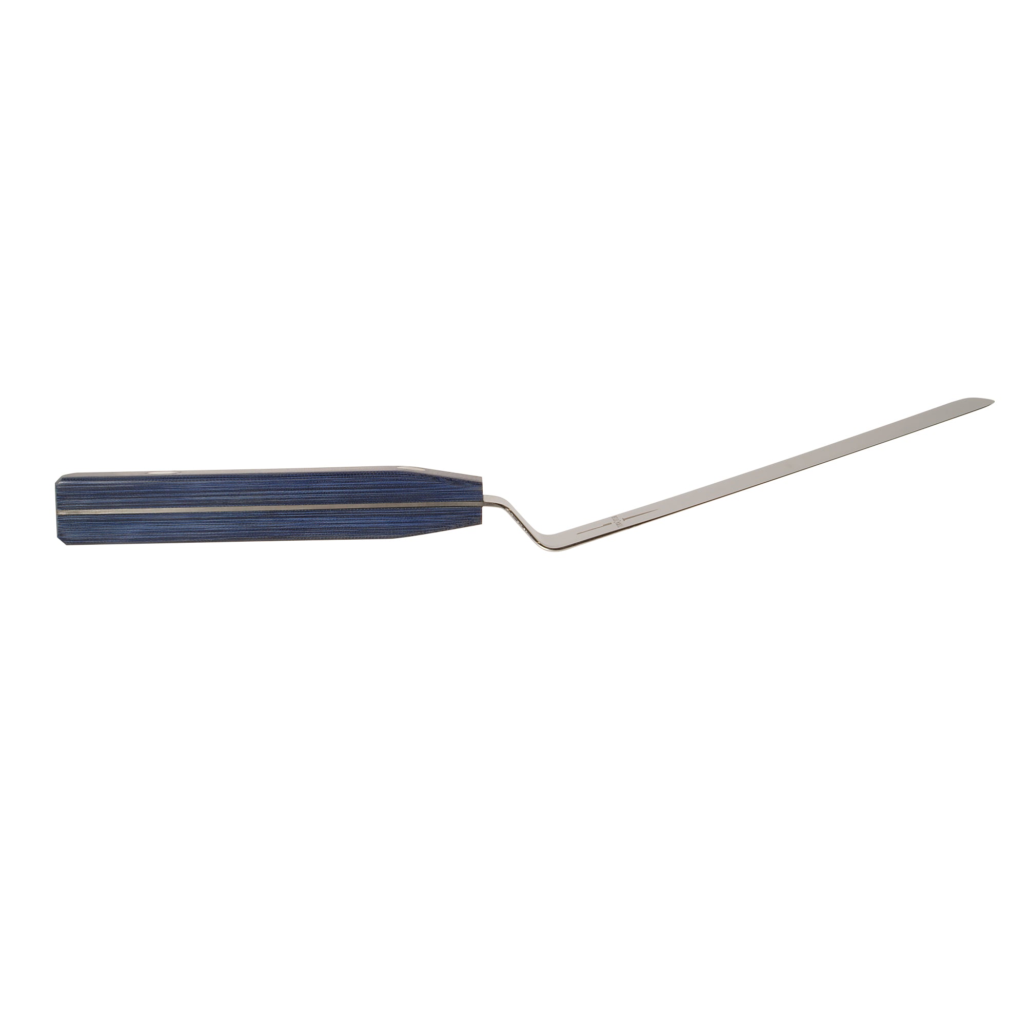 Side view of Town Cutler Kitchen Spatula Palette Knife with Blue Linen Micarta Handle