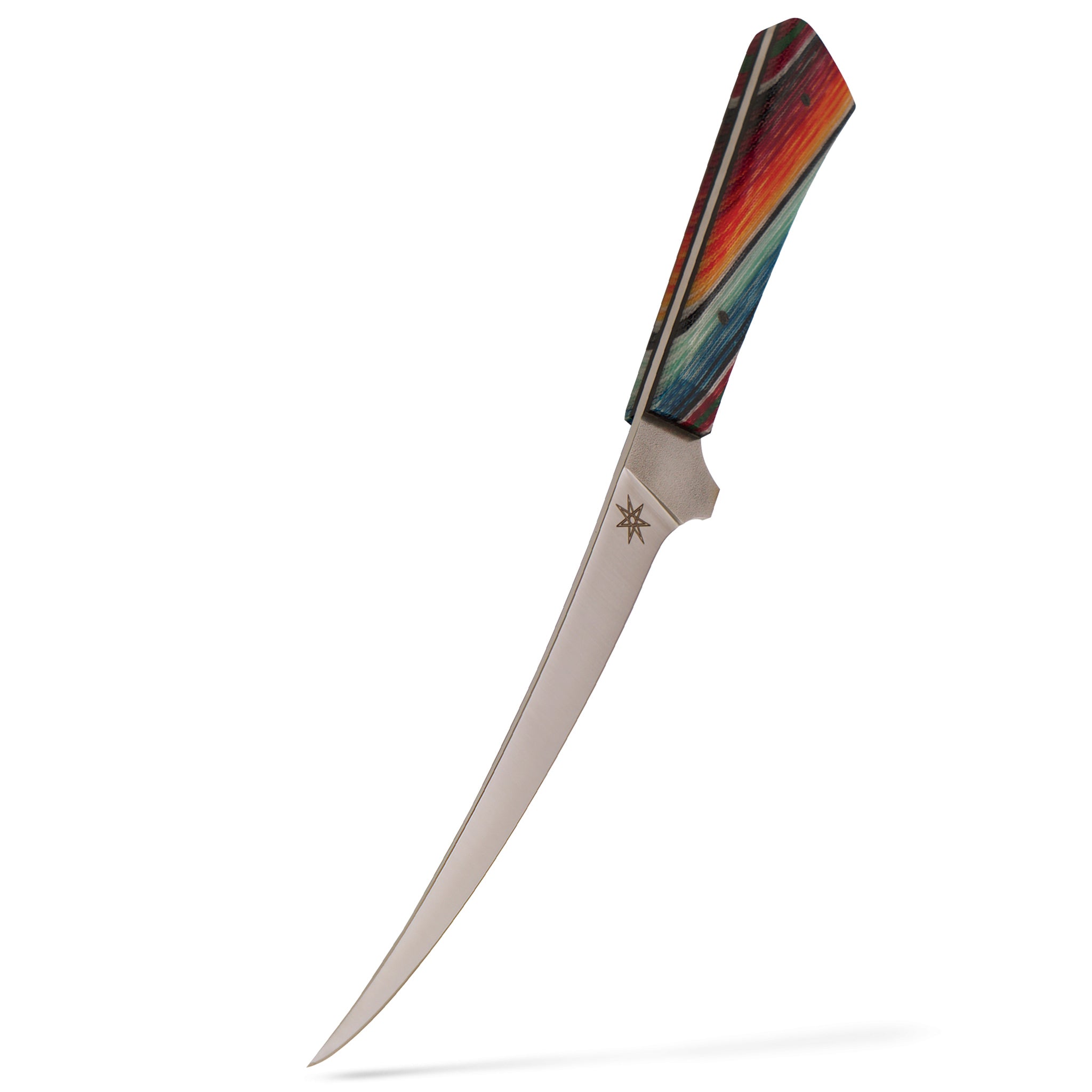 6" Curved Boning knife with stainless steel blade by Town Cutler featuring the colorful Baja “Mexican Blanket Especial” handle. Handmade in Reno, NV USA
