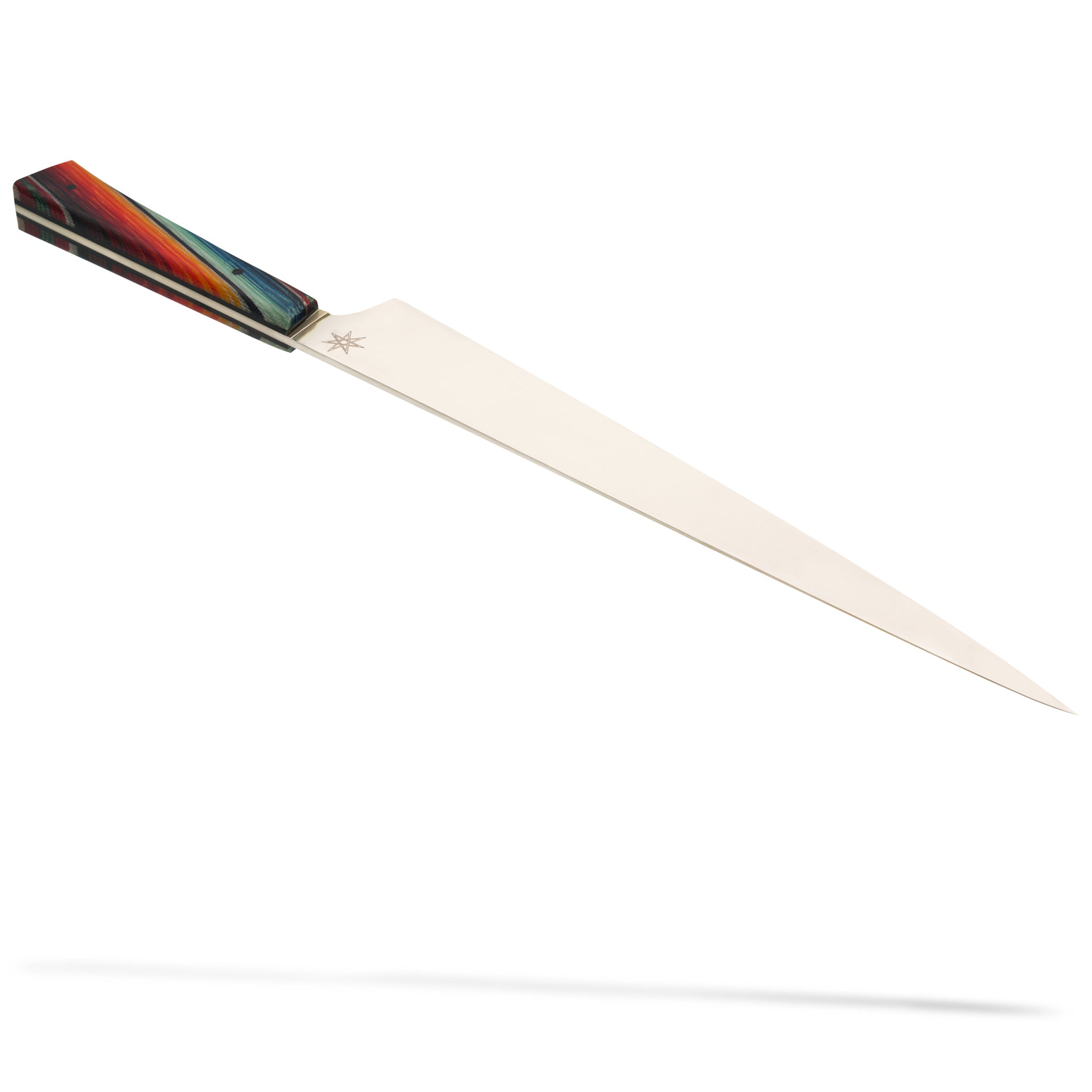 10" Slicer or carving stainless steel knife by Town Cutler featuring the Baja “Mexican Blanket Especial” handle. Handmade kitchen knife shown at an angle to show how the cool colorful knife handle lines up on both sides.