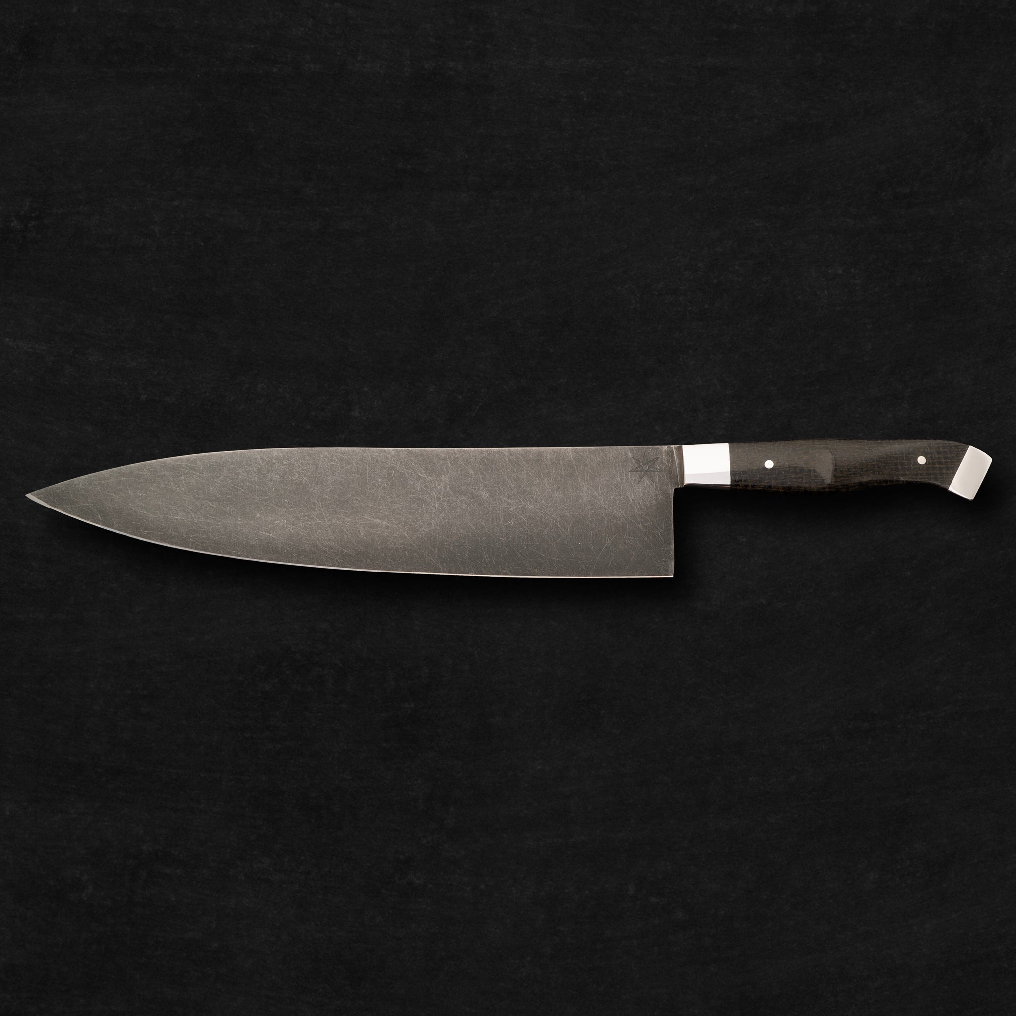 10" Carbon Steel Chef Knife with Stonewash Finish Blade, Black Burlap Micarta Handle, Stainless Steel Bolster and Pommel by Town Cutler