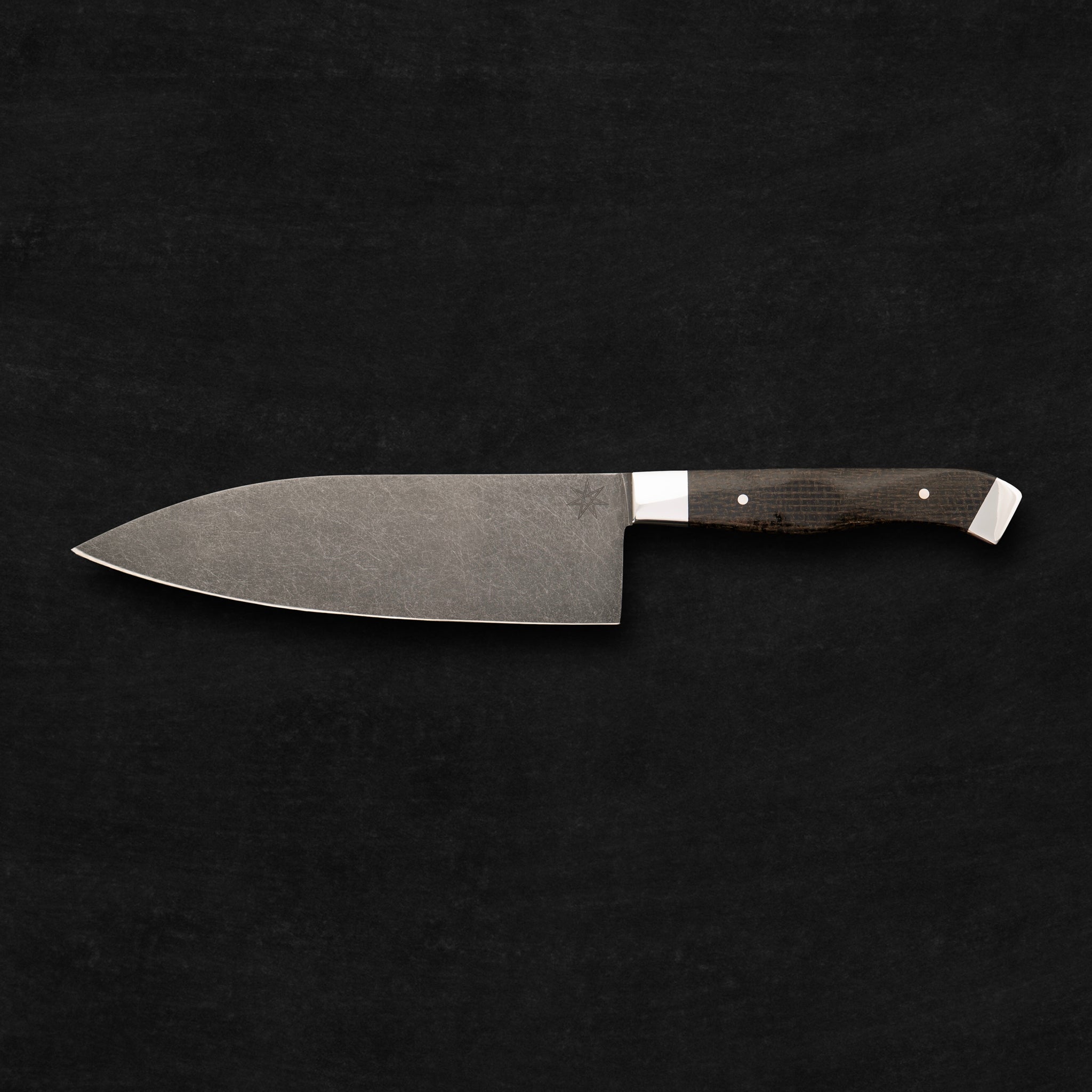7" Carbon Steel Chef Knife with Stonewash Finish Blade, Black Burlap Micarta Handle, Stainless Steel Bolster and Pommel by Town Cutler