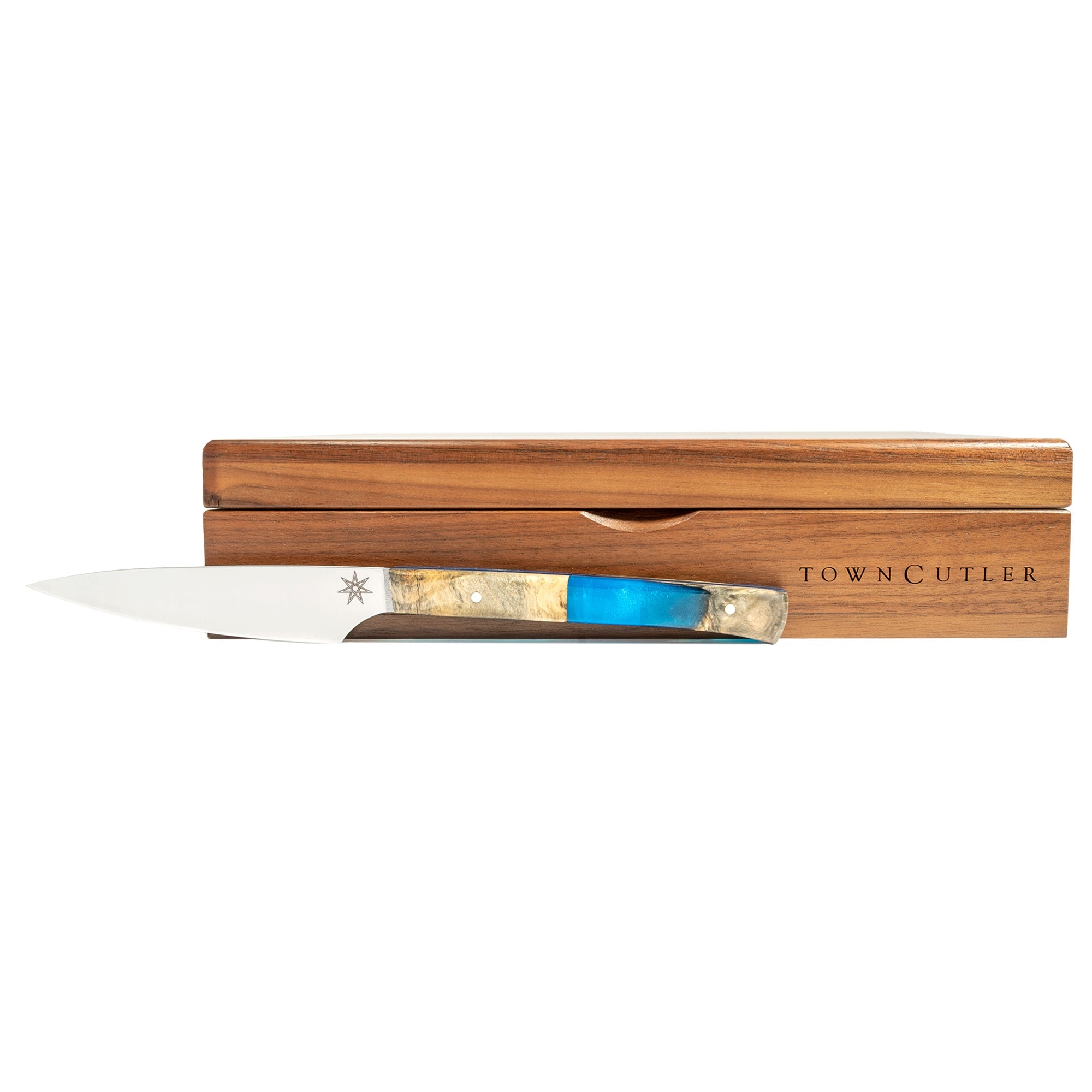 Town Cutler Tahoe Bliss Steak Knife shown with Walnut storage box for set of four steak knives.