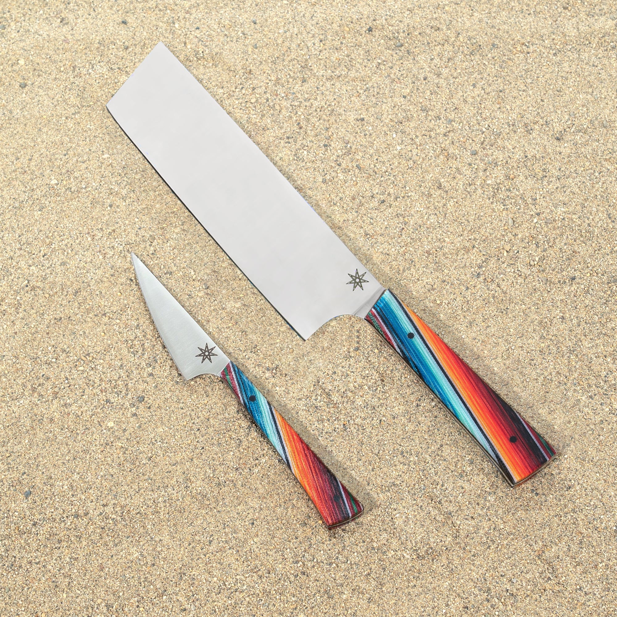 Baja Entremet Knife Set with two stainless steel kitchen knives made by Town Cutler. 3" Paring knife and 7" Nakiri  knife with colorful Mexican blanket pattern handles.