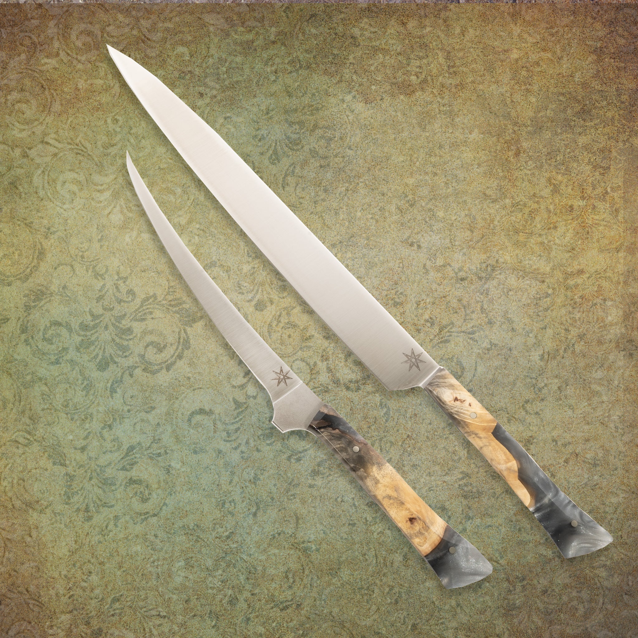 Town Cutler Ag 47 Angler Knife Set with curved boning knife and carving slicer knife.