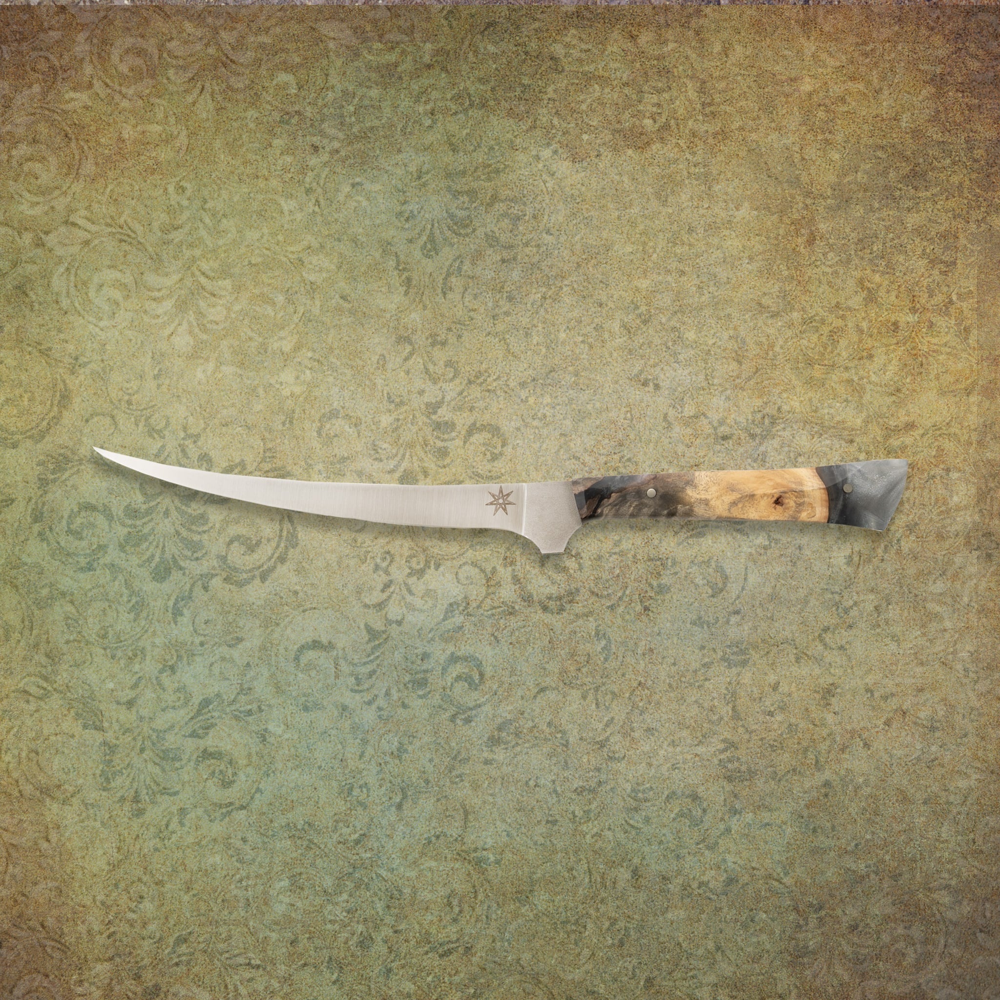 Town Cutler Ag 47 silver resin and buckeye burl Curved Boning Knife.