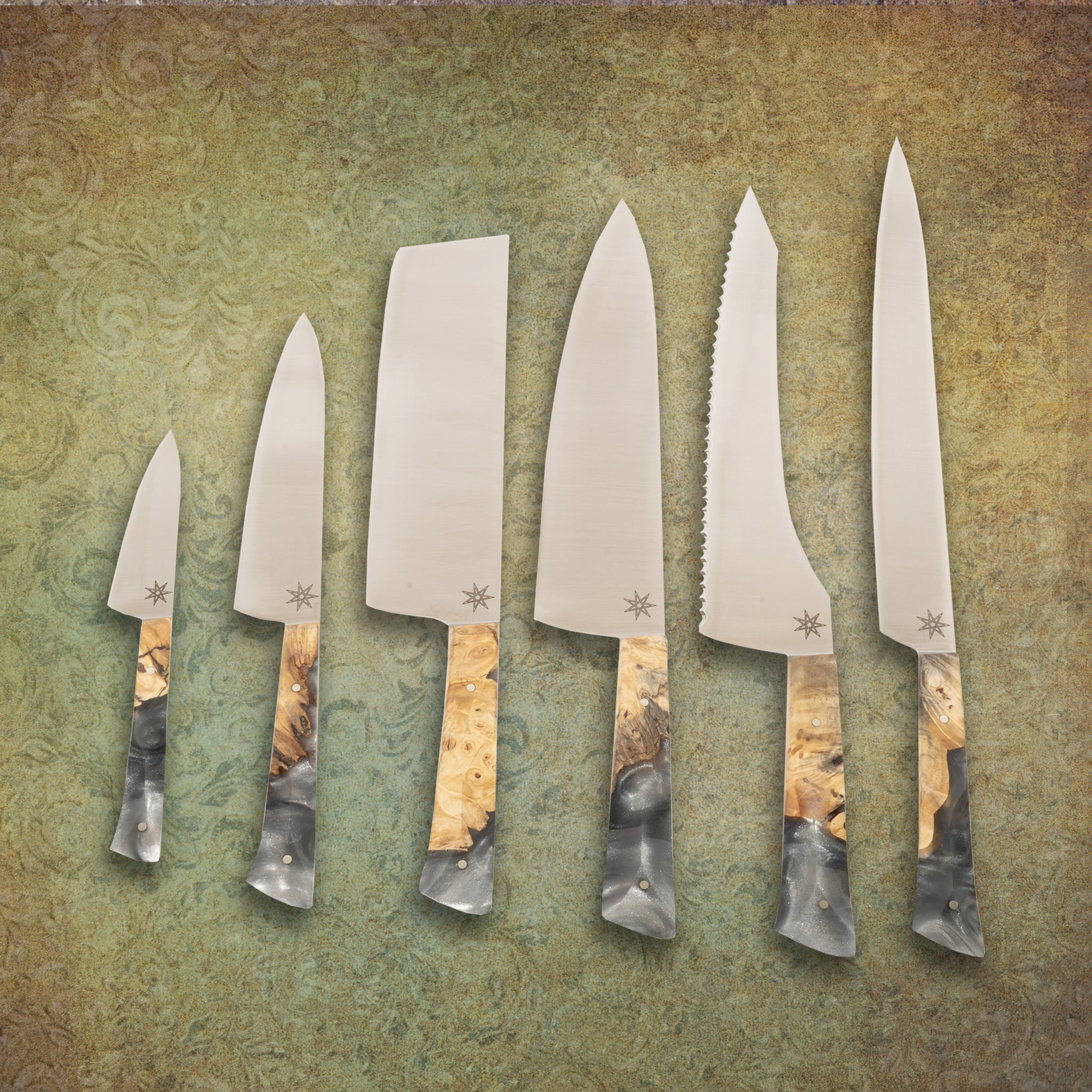 Six piece Essentials Knife Set. Ag 47 knife line by Town Cutler. Stainless steel kitchen knives with silver color resin and buckeye burl handles.