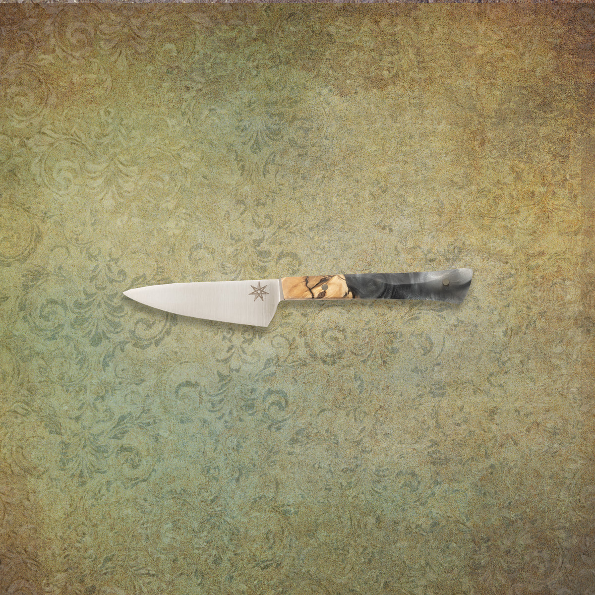 Stainless Steel 3" Paring Knife with Buckeye Burl Wood and Silver Resin Handle handmade by Town Cutler