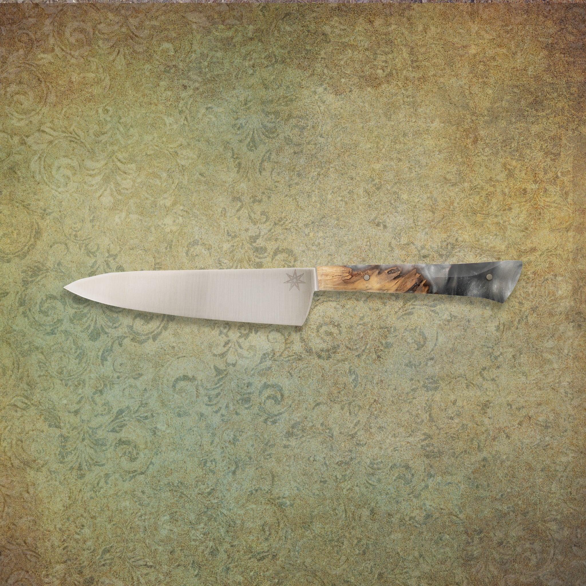 6" utility petty knife with silvery resin and buckeye burl wood handle.