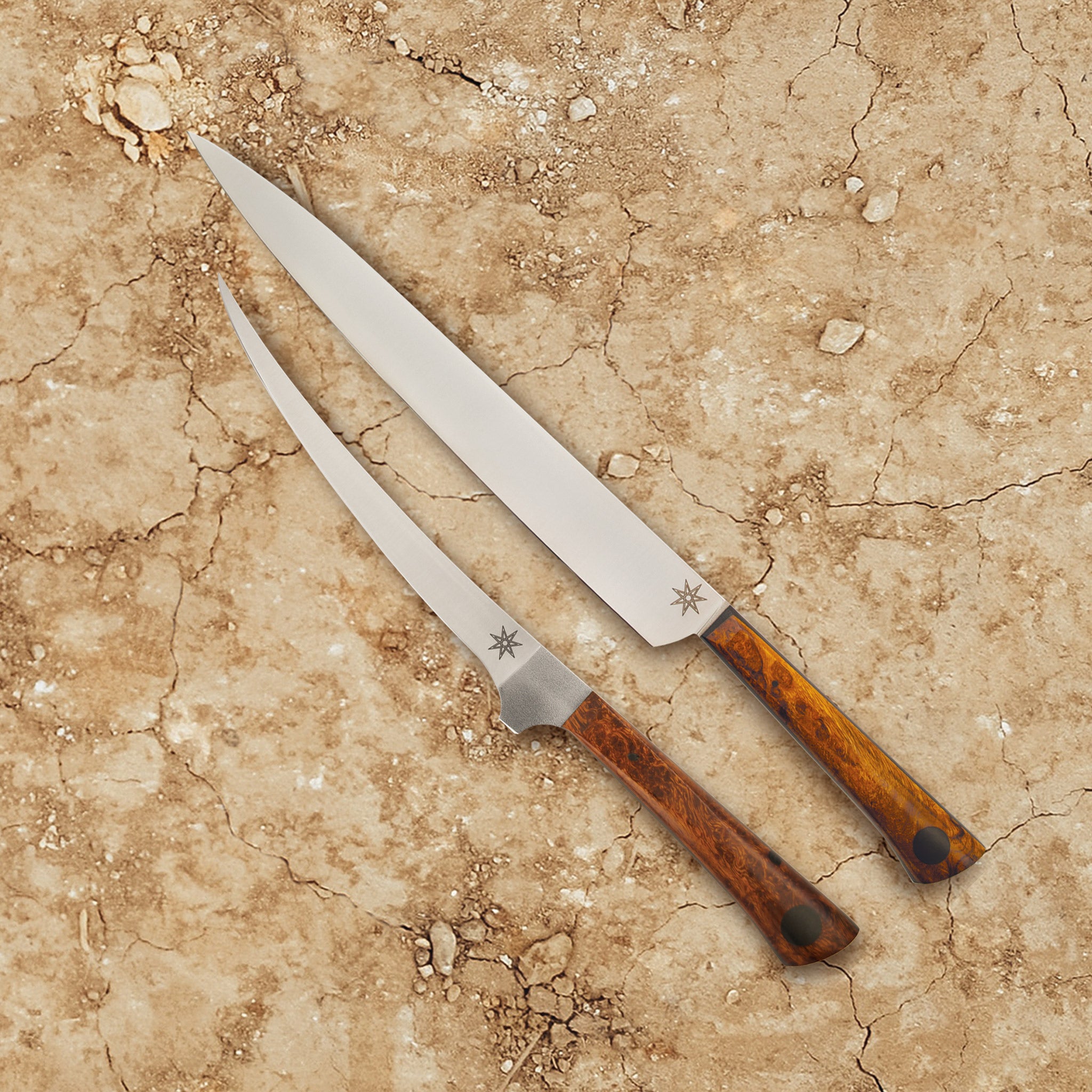 10" stainless steel Slicer and 6" curved boning knives by Town Cutler featuring Olneya Desert Ironwood handle. Sold as set.
