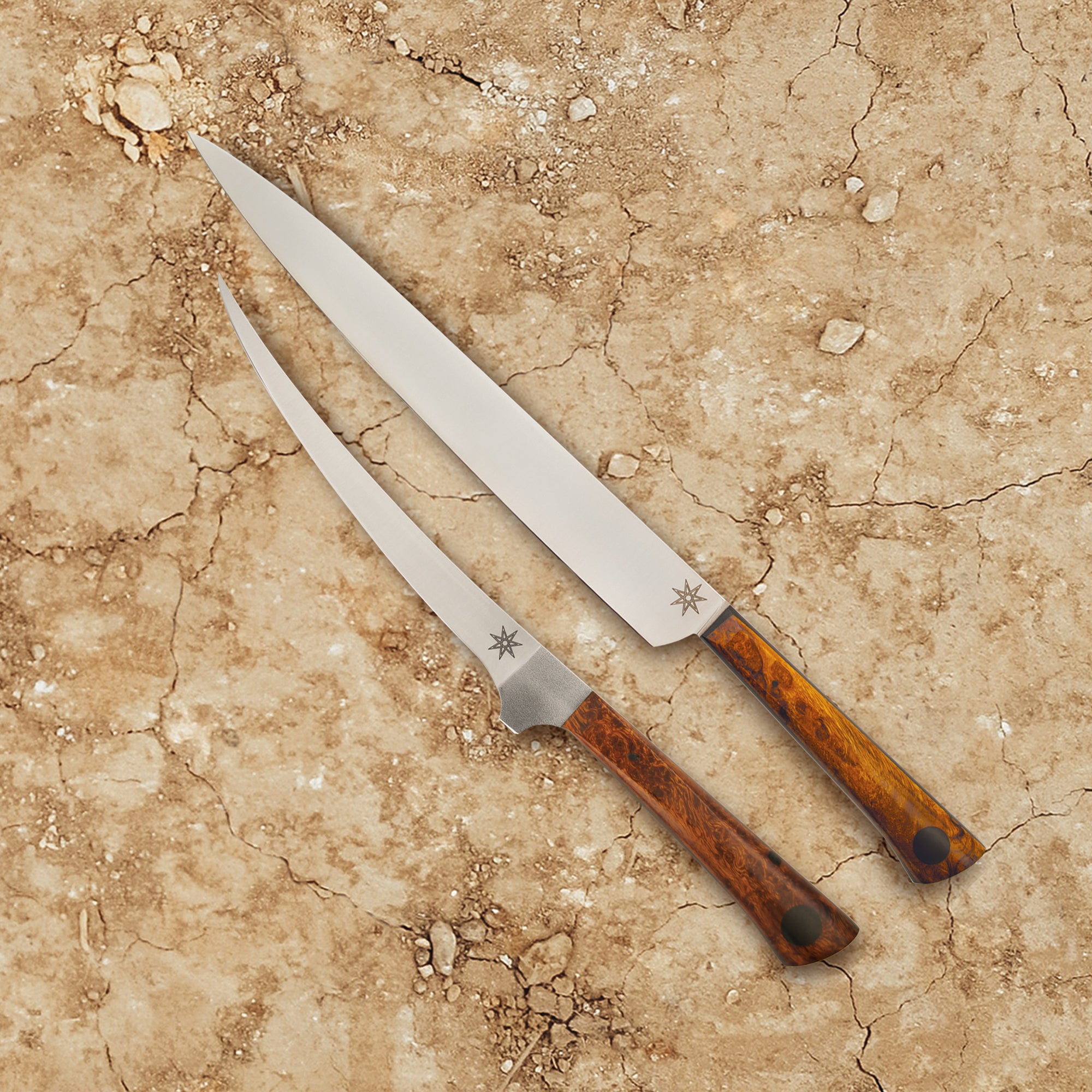 10" stainless steel Slicer and 6" curved boning knives by Town Cutler featuring Olneya Desert Ironwood handle. Sold as set.