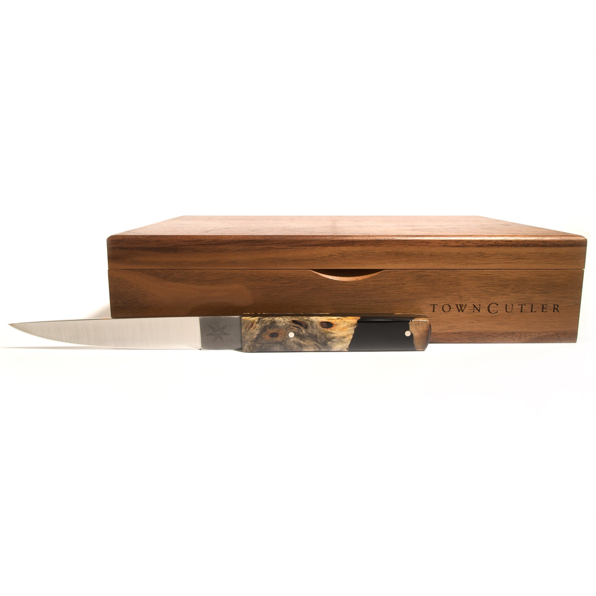 Town Cutler Desert Dawn Steak Knife shown with Walnut storage box for set of four steak knives.