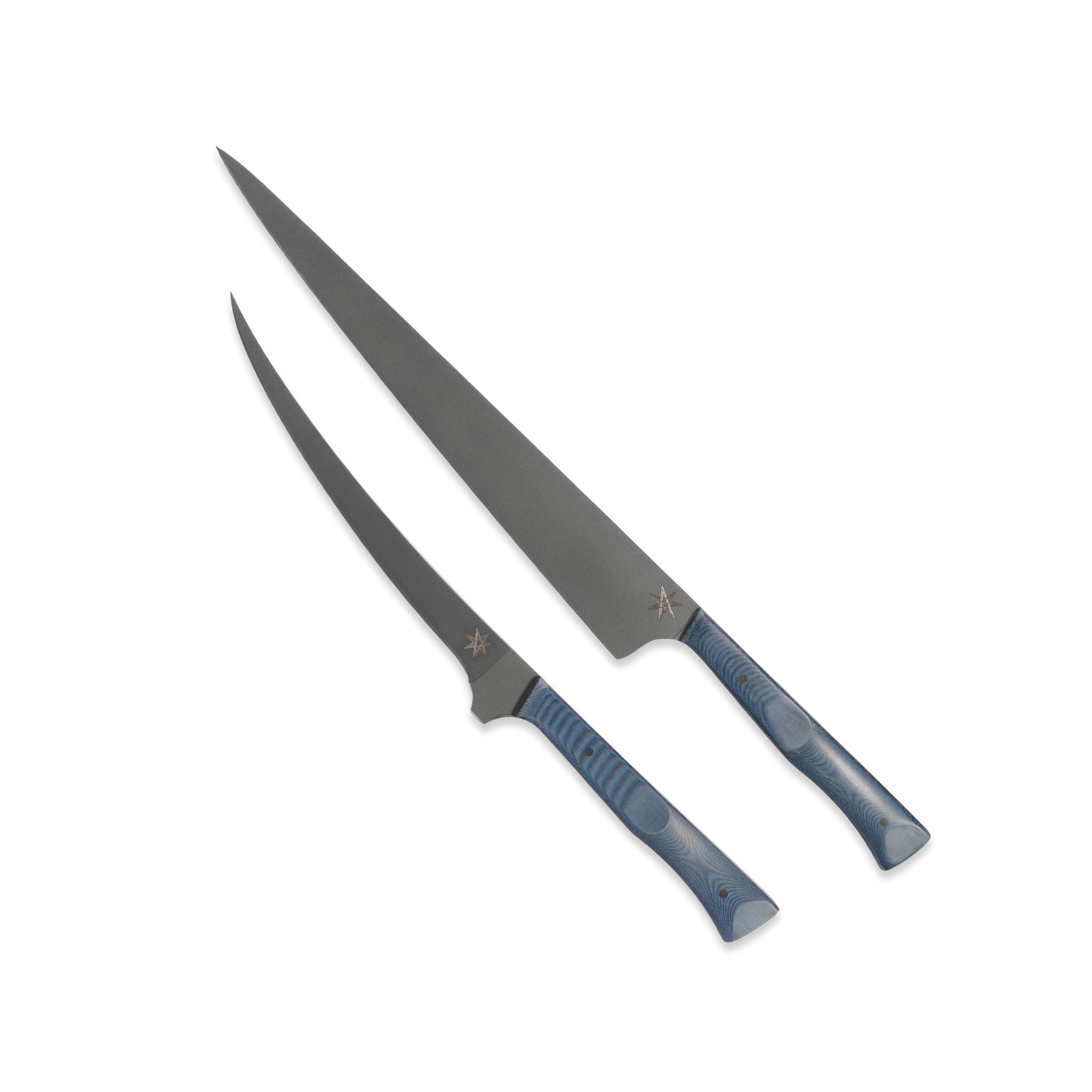 Town Cutler eXo Blue Angler Knife Set with curved boning knife and carving slicer knife.