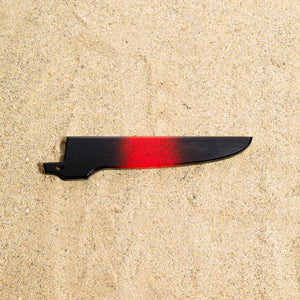 Red and black wood saya knife sheath for Town Cutler Baja straight boning knife.