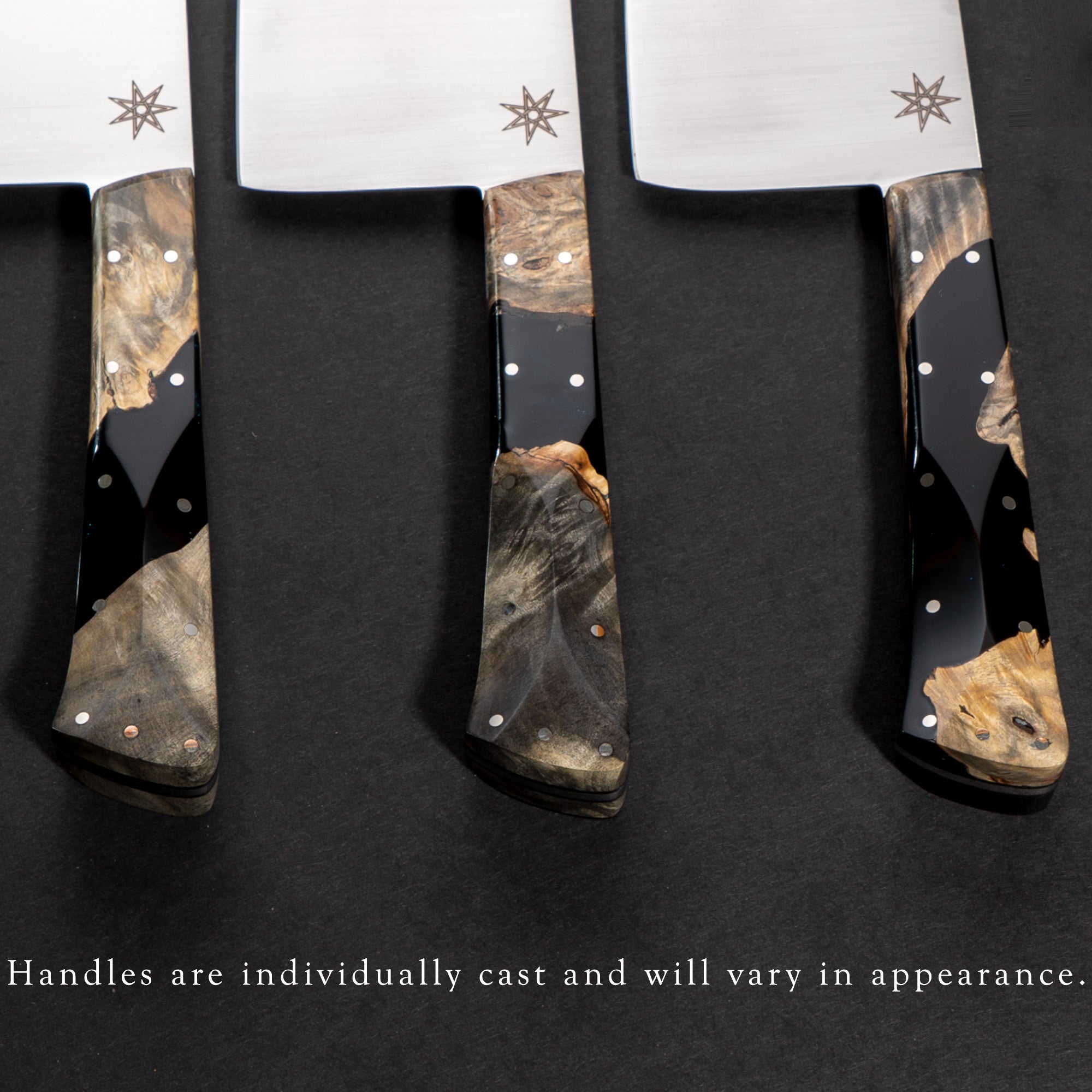 Desert Dawn handles are individually cast and will vary in appearance. Buckeye Burl and midnight black resin.