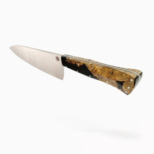 8.5" stainless steel Chef Knife by Town Cutler featuring the Desert Dawn handle made with live-edge Buckeye Burl and Nitro-V stainless steel blade.