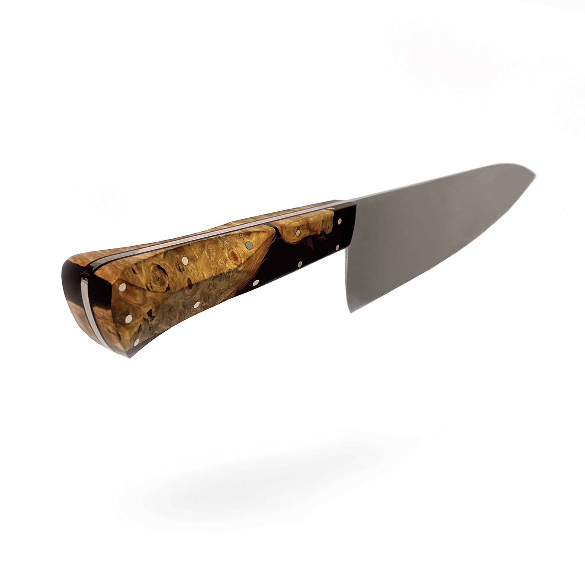8.5" stainless steel Chef Knife by Town Cutler featuring the Desert Dawn handle made with live-edge Buckeye Burl and Nitro-V stainless steel blade.