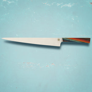 10" Slicer or stainless steel carving knife by Town Cutler featuring the lux Baja “Mexican Blanket Especial” handle. American made stainless steel kitchen knives with bold and unique handle.