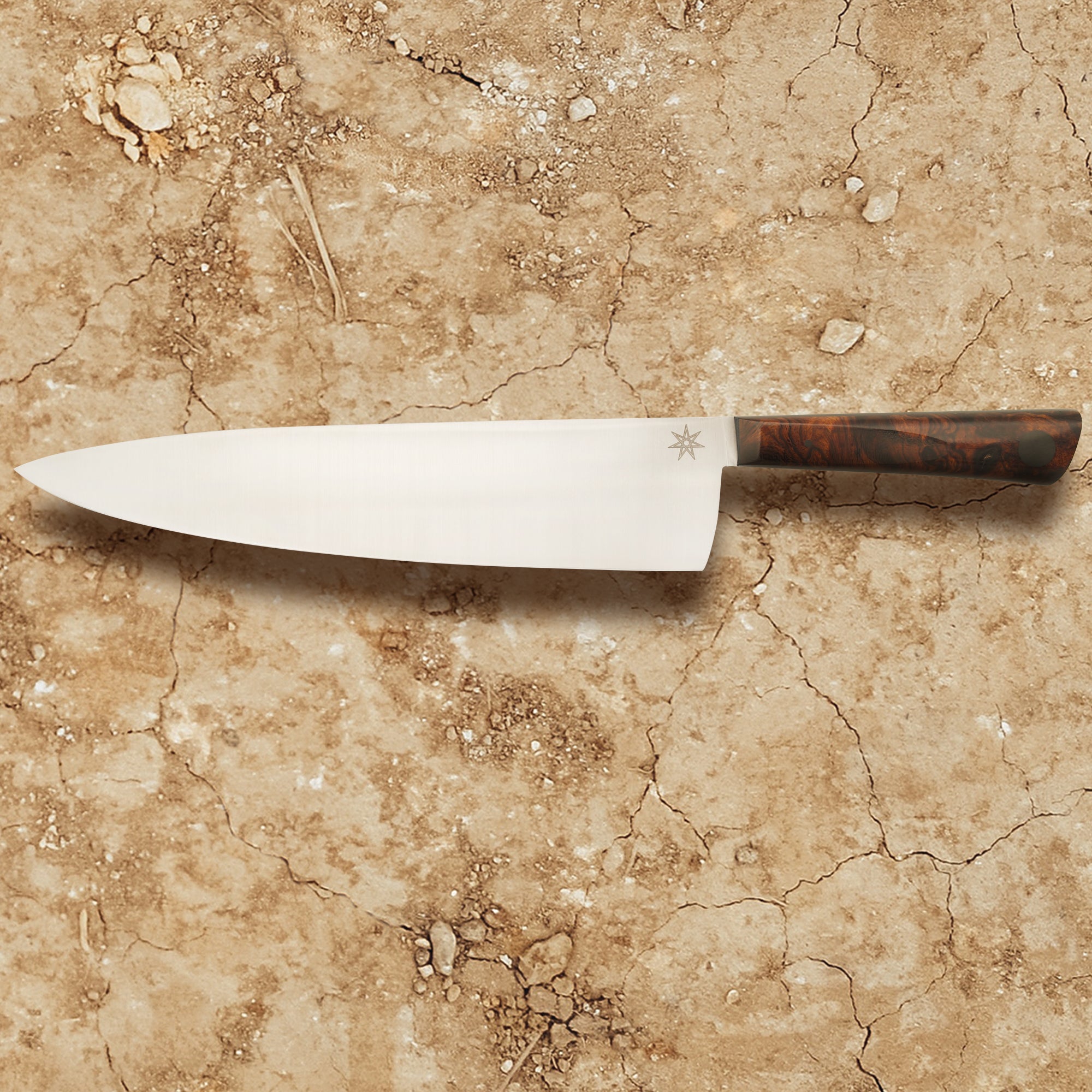 Town Cutler 10" Chef knife with stain-resistant steel blade. Desert ironwood wood handle kitchen knife.