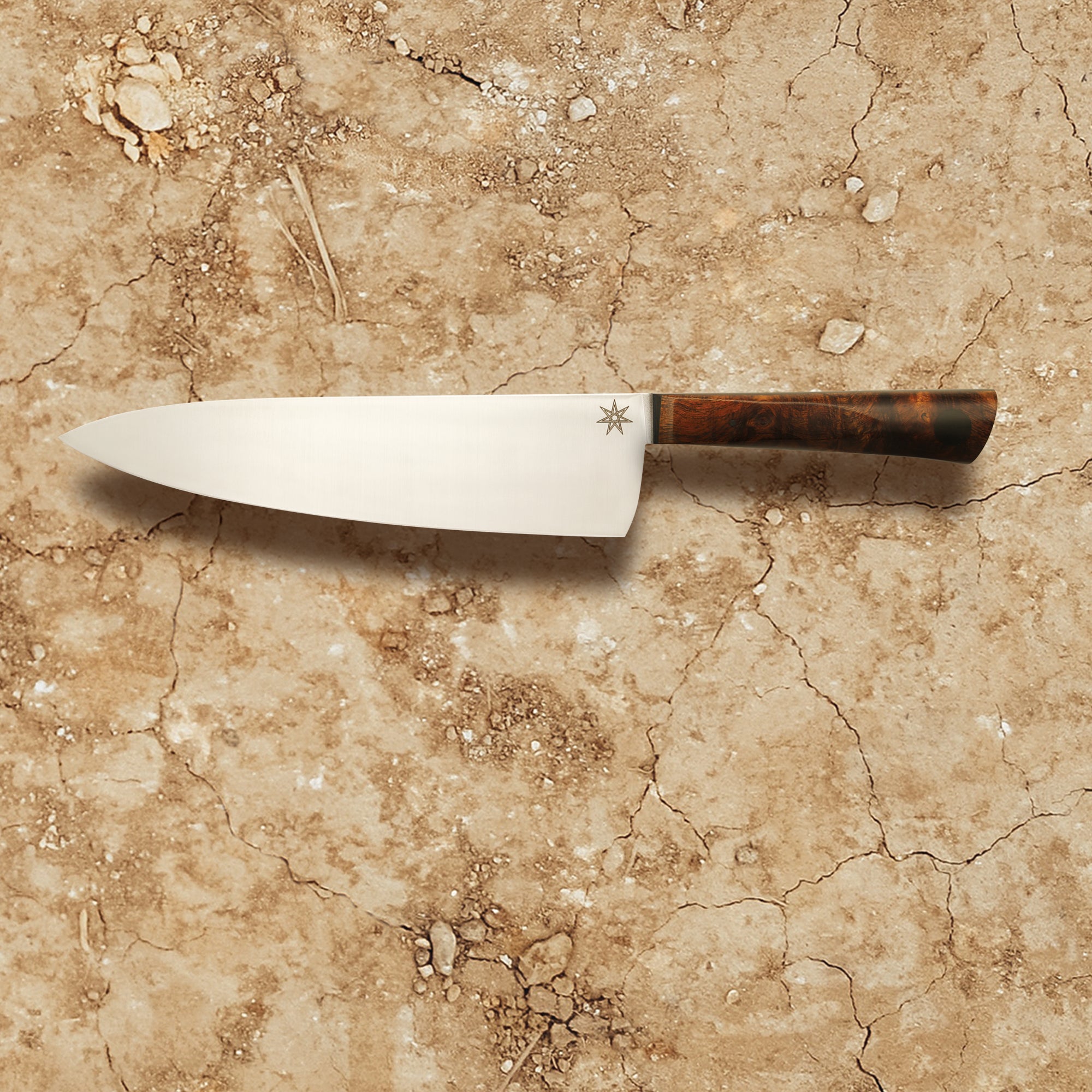 Town Cutler's best-selling chef knife size. 8.5" chef knife with stainless steel blade and lux desert ironwood handle. Kitchen knife handmade in Reno, NV USA