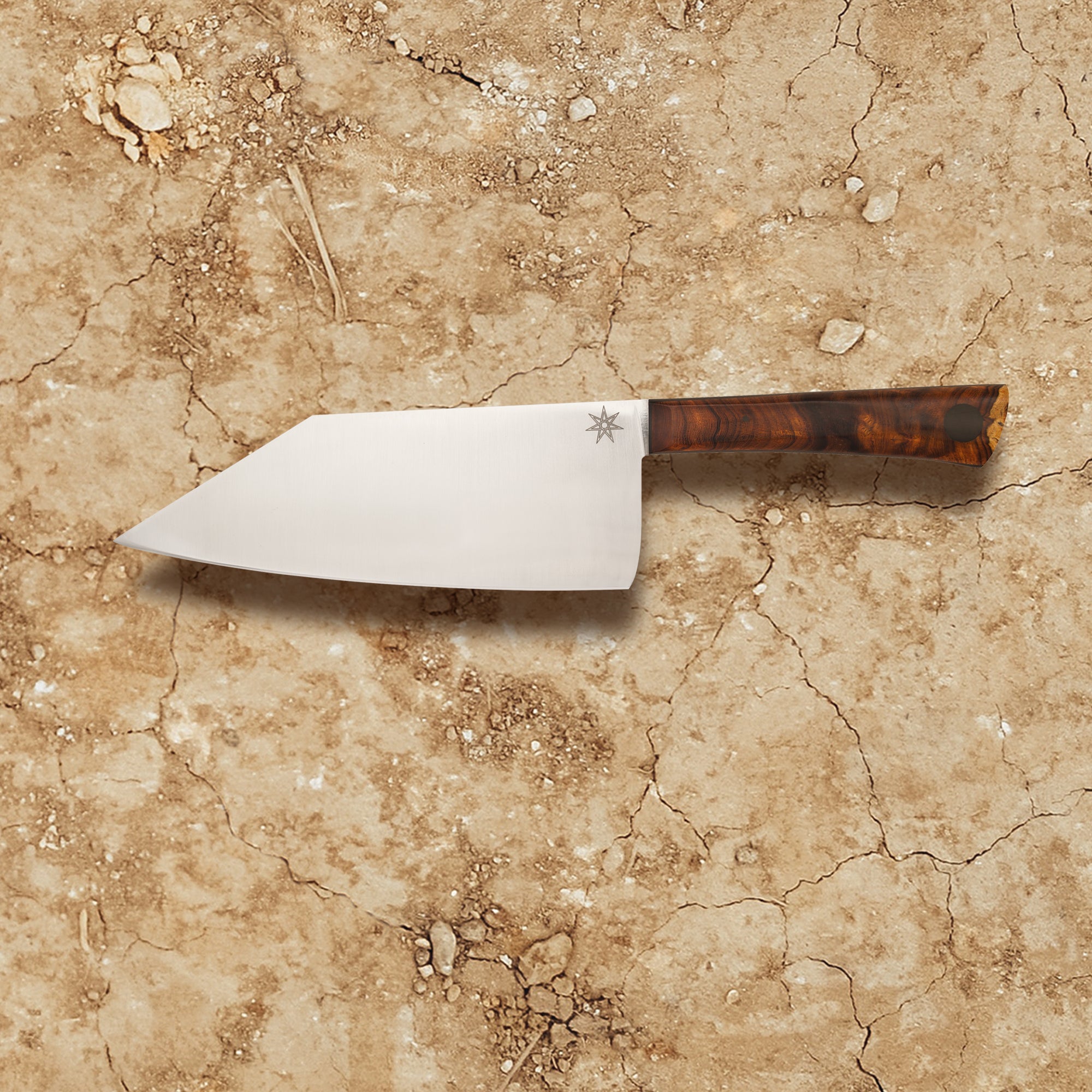 Unique kitchen knife called the Chopper. 7.5" stainless steel blade and lux desert ironwood handle. Made by Town Cutler.