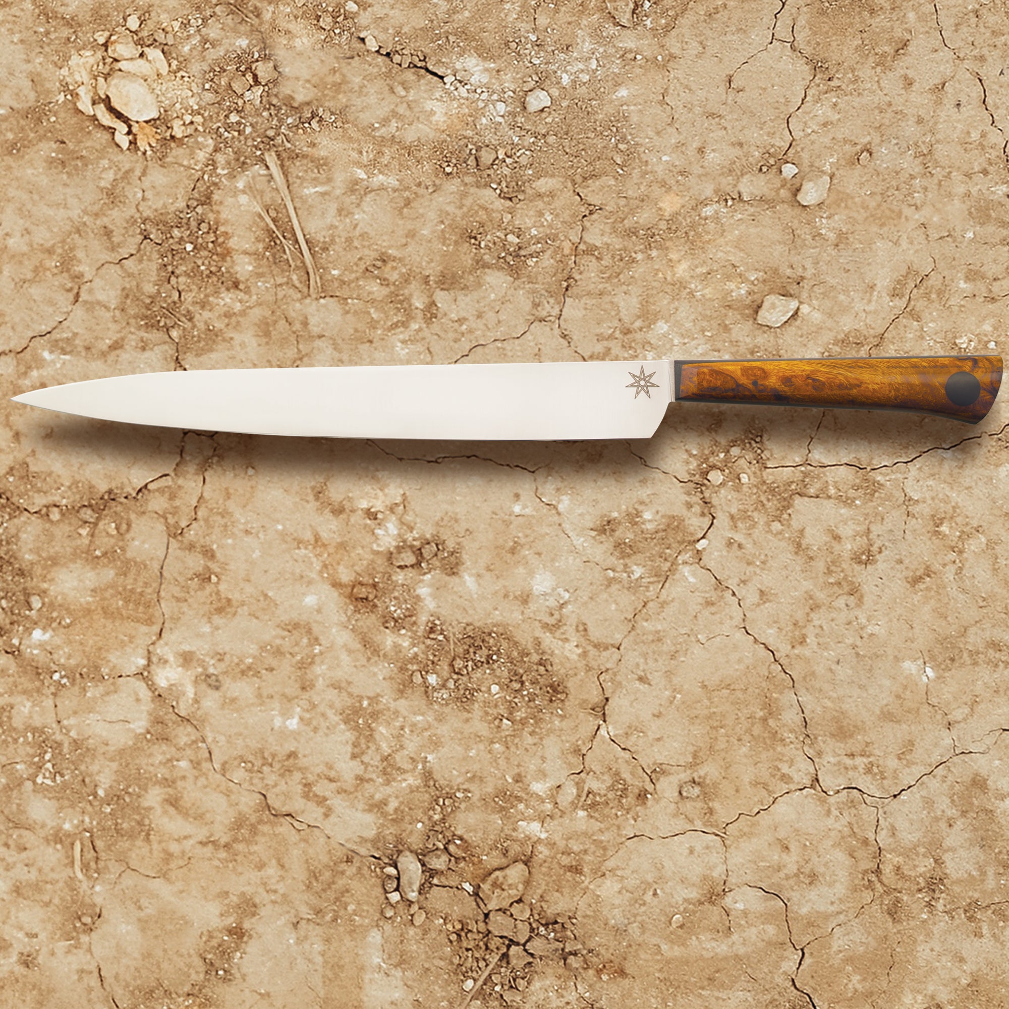 10" slicer carving knife with wood handle. Desert ironwood knife handle and Nitro-V stainless steel blade.