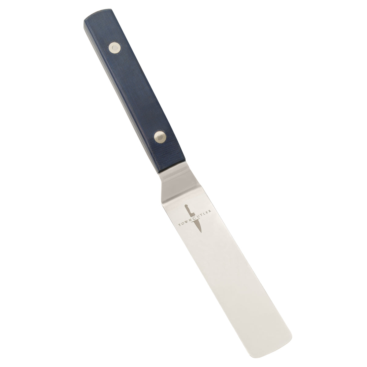 Blue Linen micarta offset palette knife for plating, shaping, spreading, cutting, and serving. Endless uses for this versatile kitchen tool