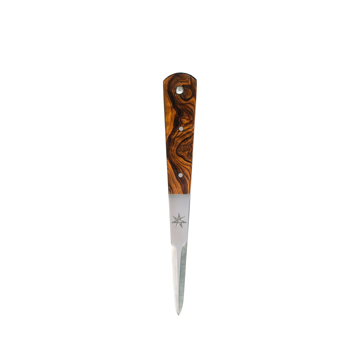 Stainless steel oyster shucker knife by Town Cutler featuring Olneya Desert Ironwood handle.