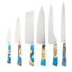 Six-piece essential kitchen knife set with blue resin and buckeye burl wood handles.