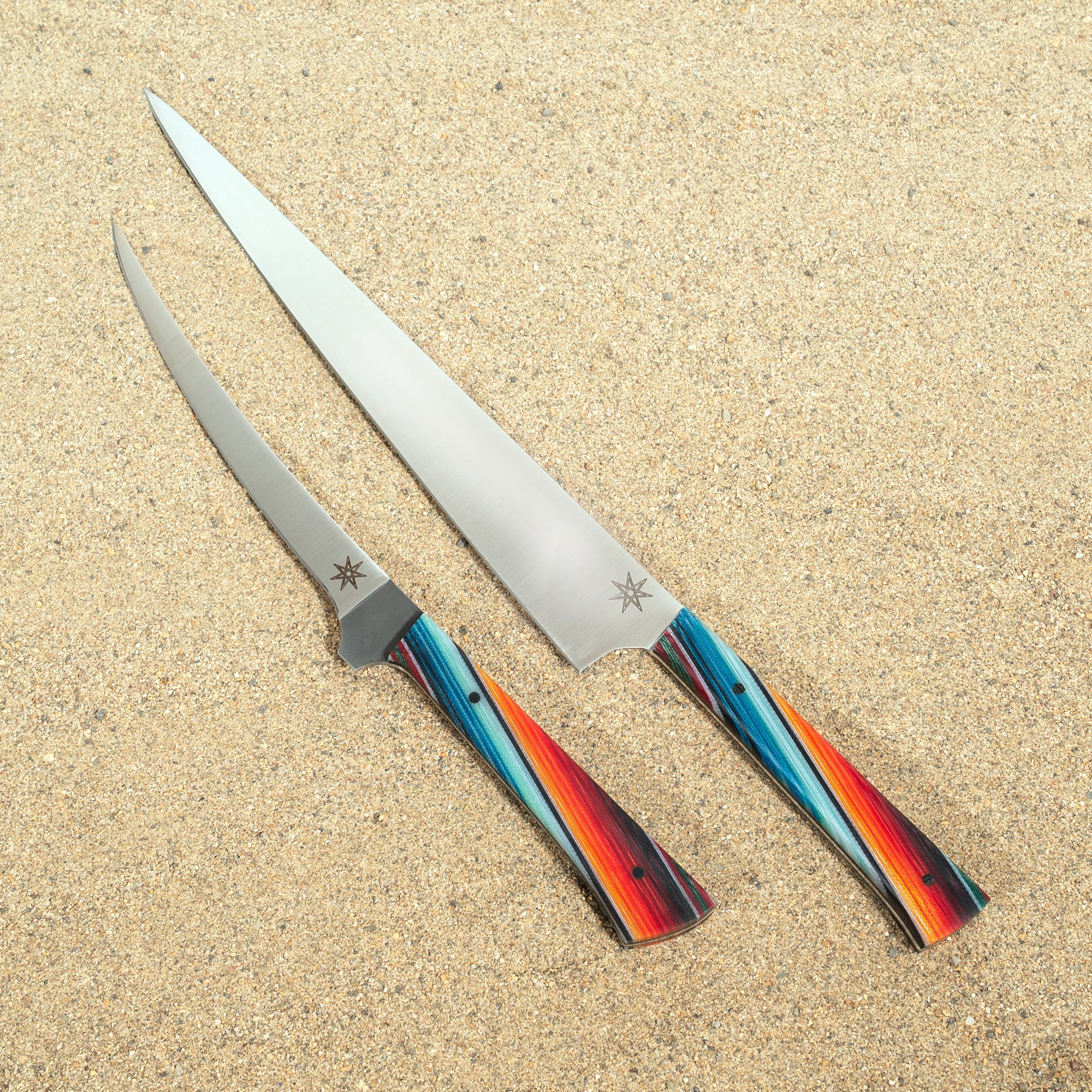Baja Angler 2 piece Knife Set. Curved boning fillet knife and slicer carving knife.