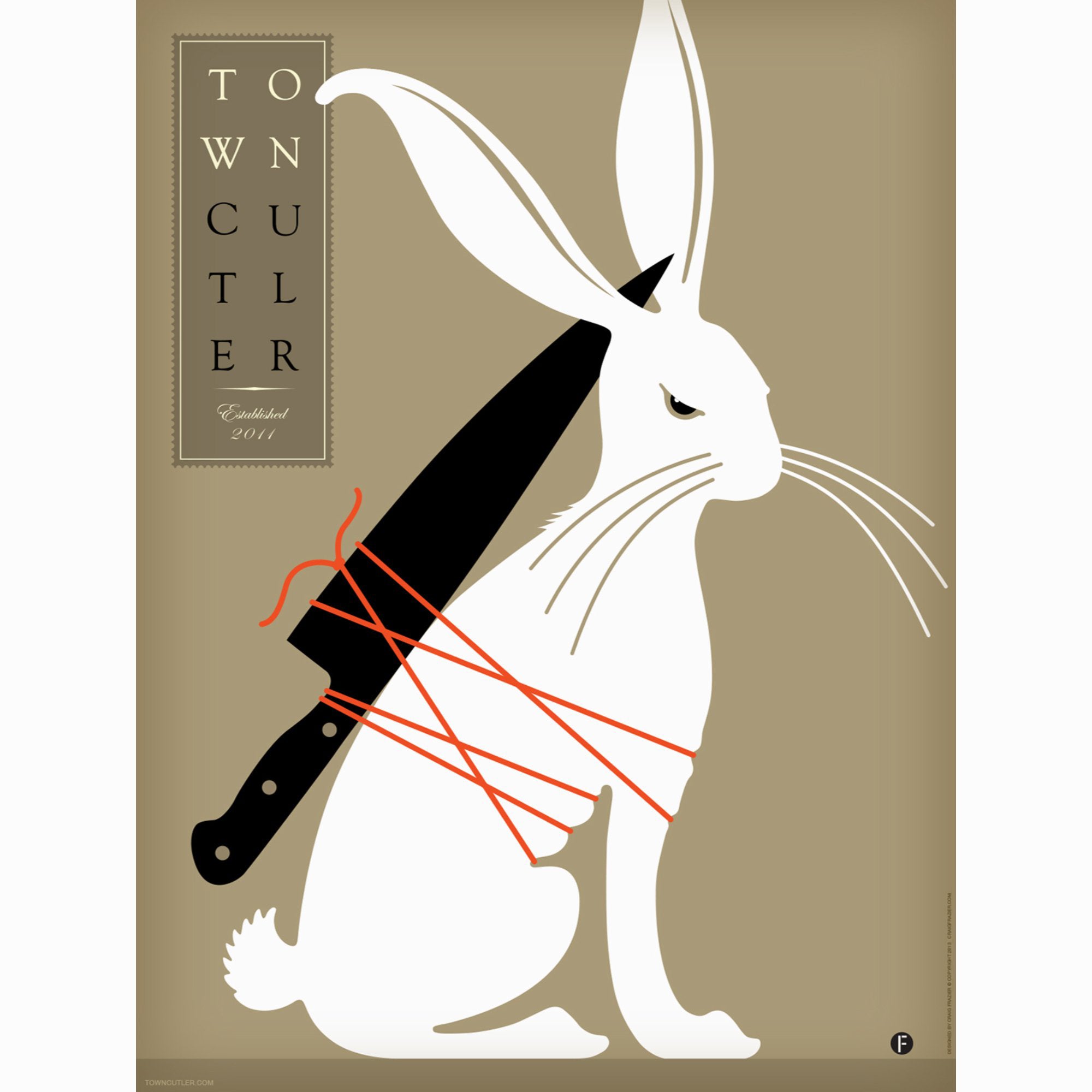 Town Cutler poster by Craig Frazier. Rabbit with knife tied to back.