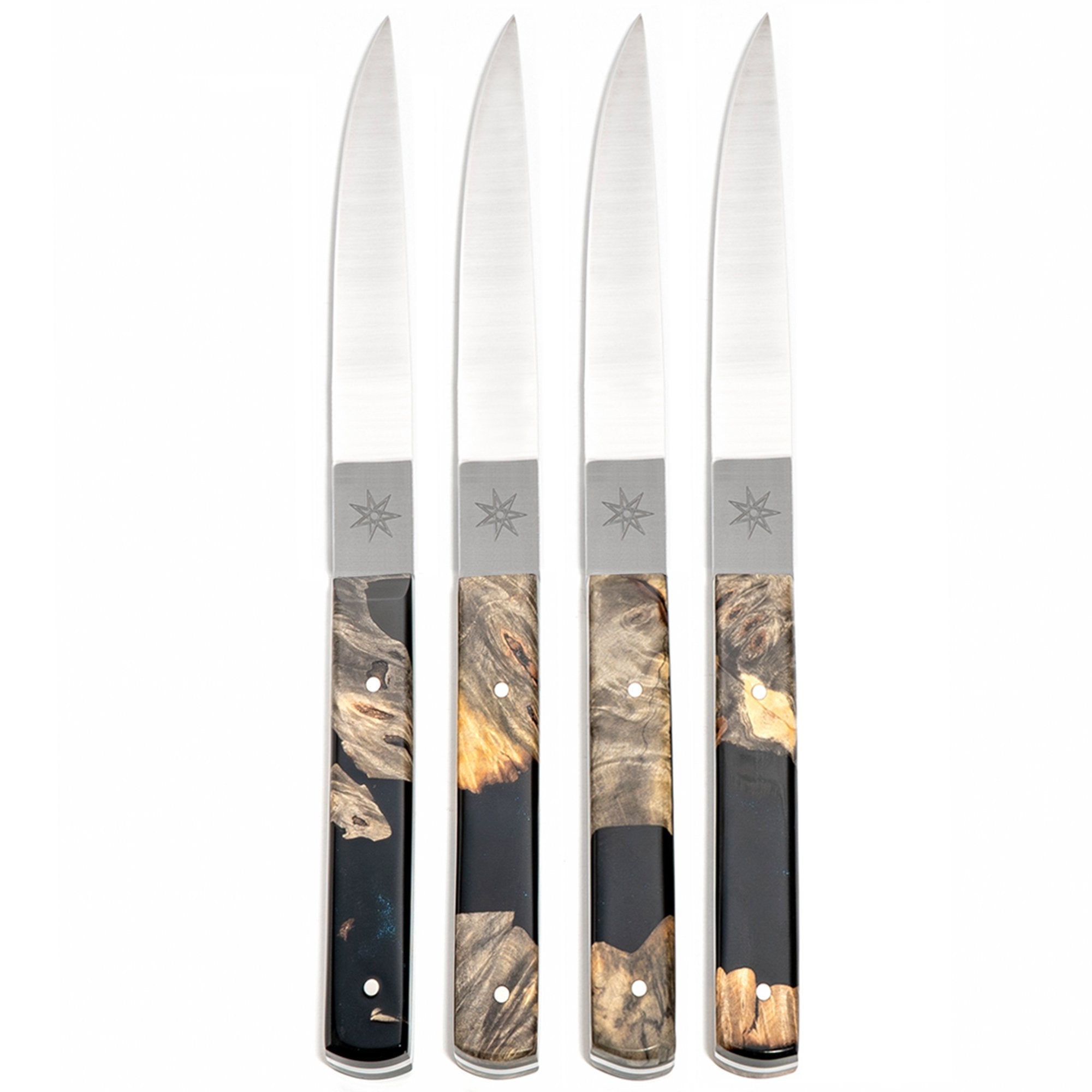 Town Cutler steak knives set of 4 in Desert Dawn. Made in USA, non-serrated, straight edge, full tang. Live-edge Buckeye Burl.