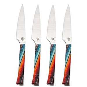Town Cutler’s Baja Steak Knives set of 4 non-serrated, straight edge, full tang and choice of wooden box or leather wrap. High-end steak knife set with lux handles and unique steak knife blade shape with longer handle featuring bright, bold colors.  Handmade cutlery made in the USA. 