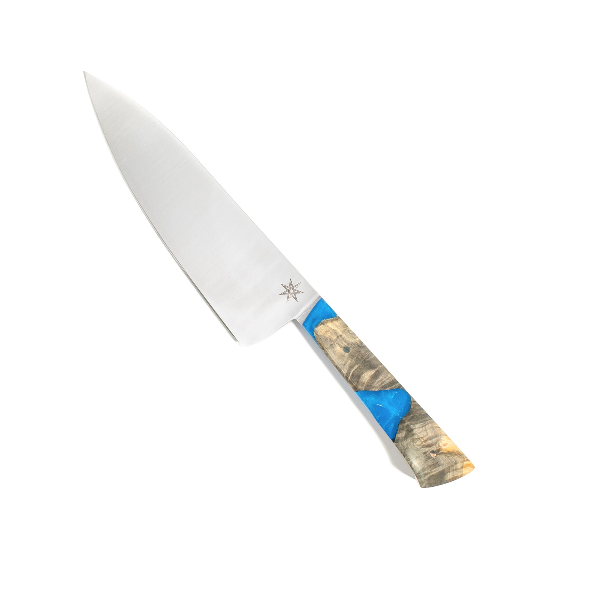 Town Cutler Tahoe Bliss 7" Chef Knife. Stainless steel blade with blue and buckeye burl handle.