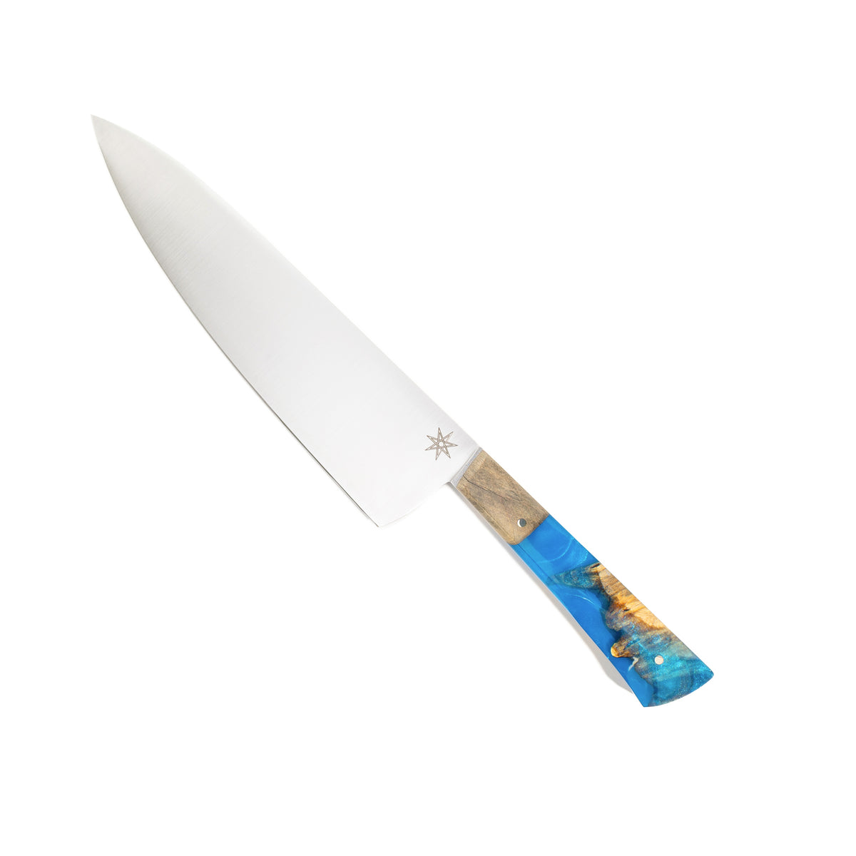 Town Cutler Tahoe Bliss 8.5" Chef Knife. Nitro-V stainless steel blade with blue and buckeye burl handle.