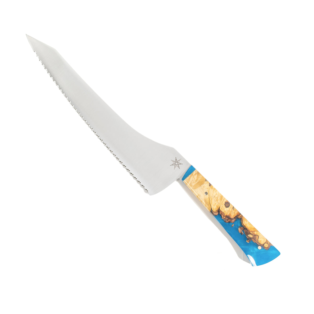 Town Cutler Tahoe Bliss Offset Serrated Bread Knife. Nitro-V stainless steel blade with blue and buckeye burl handle.