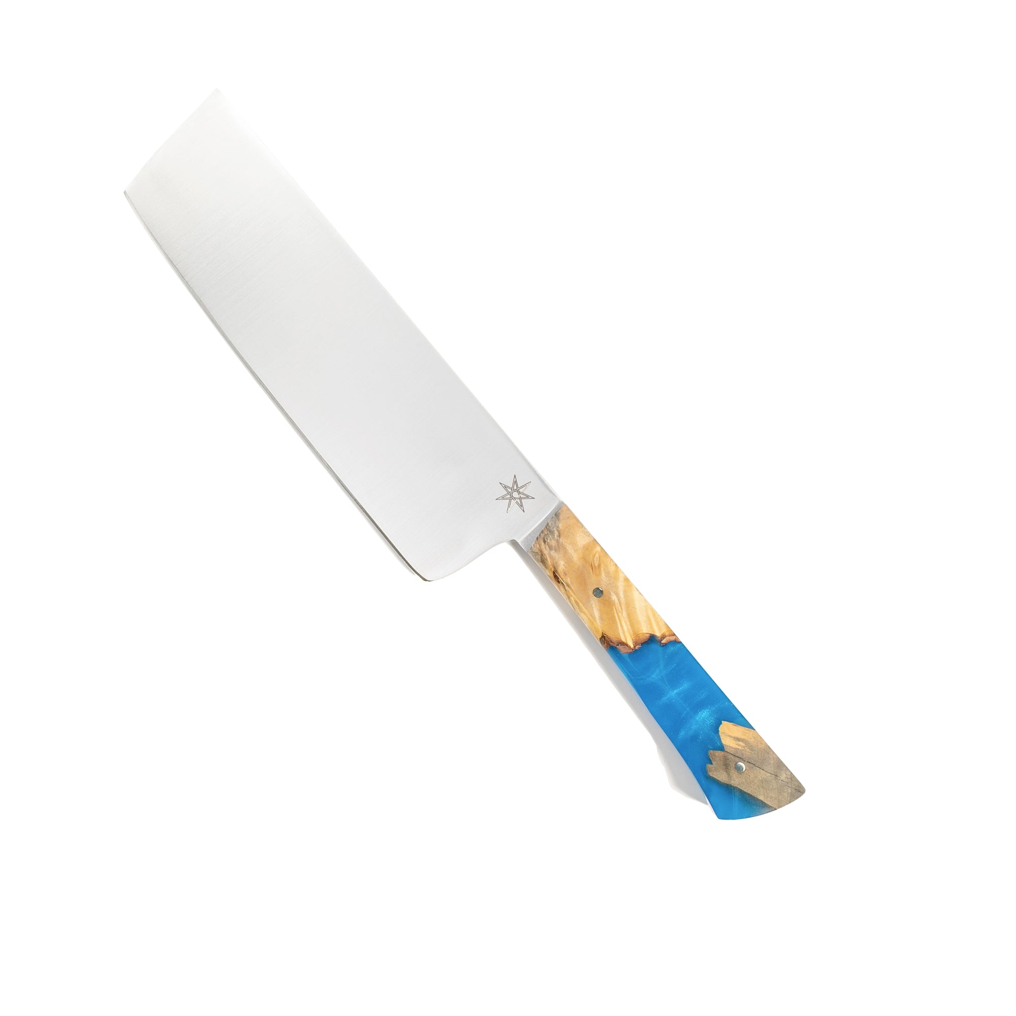 Town Cutler Tahoe Bliss nakiri vegetable knife. Nitro-V stainless steel blade with blue and buckeye burl handle.